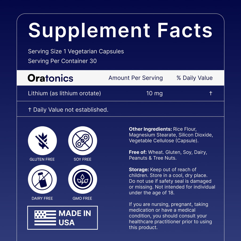 Oratonics Lithium Orotate 10mg – Trace Mineral Lithium Supplement for Daily Balance & Cognitive Clarity – Low-Dose, Highly Absorbable Formula – Vegan