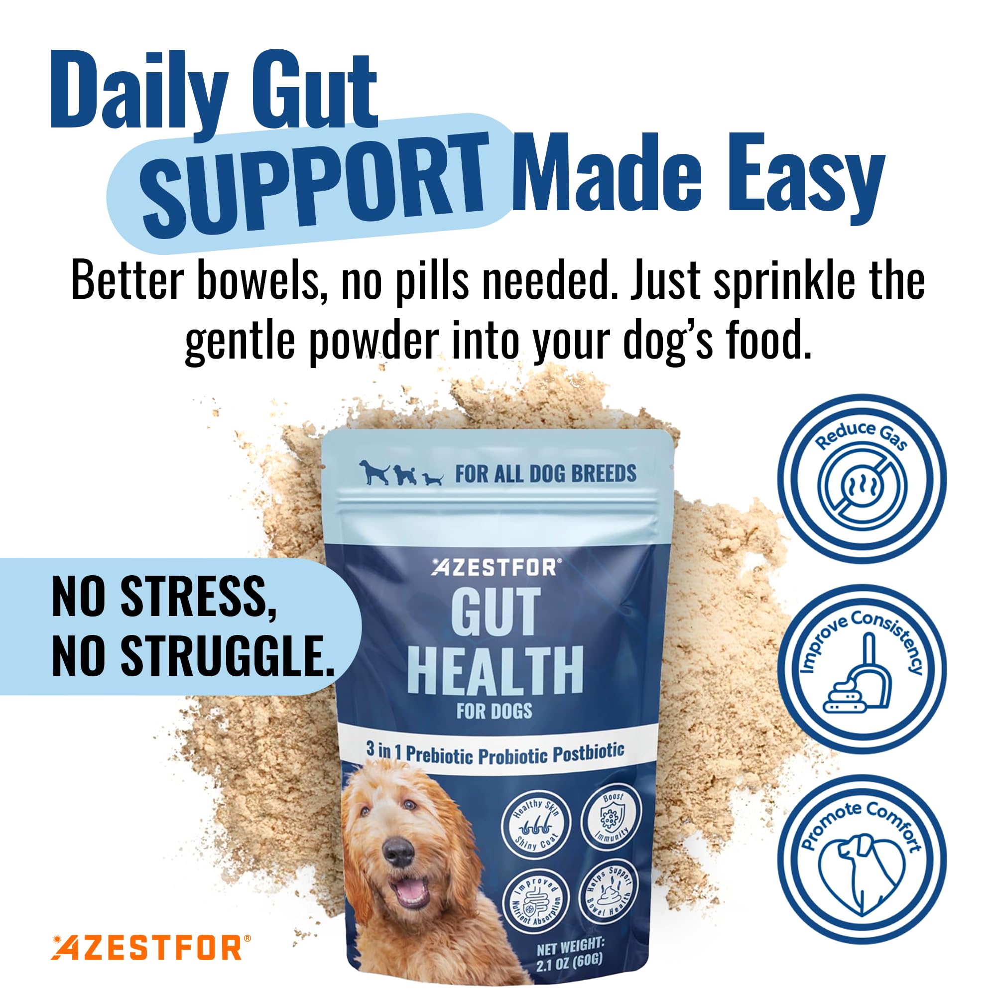 Azestfor Gut Health Supplement for Dogs – 3 in 1 Probiotic, Prebiotic & Postbiotic Blend – Supports Digestion, Immunity & Skin – Easy-to-Use Powder – for All Breeds & Sizes – 60g (30 Servings) Azestfor Au supplements