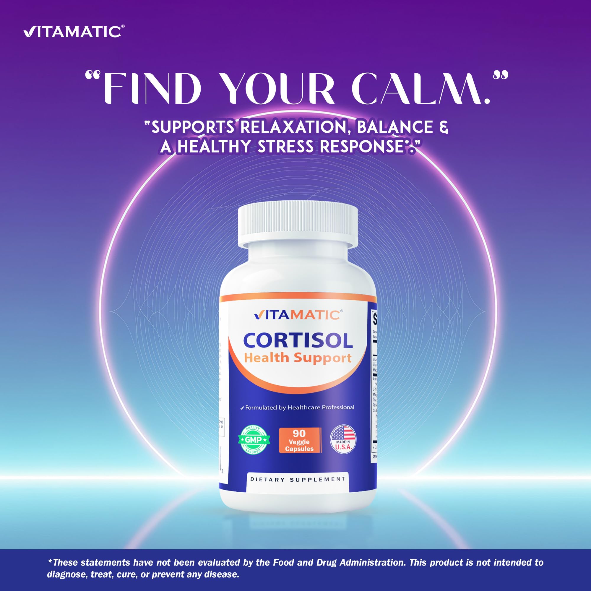 Vitamatic Cortisol Health Support - 90 Veggie Capsules - Made with Adaptogenic Blend with Ashwagandha, Rhodiola, Magnolia, L-Theanine, Phosphatidylserine Vitamatic Au supplements