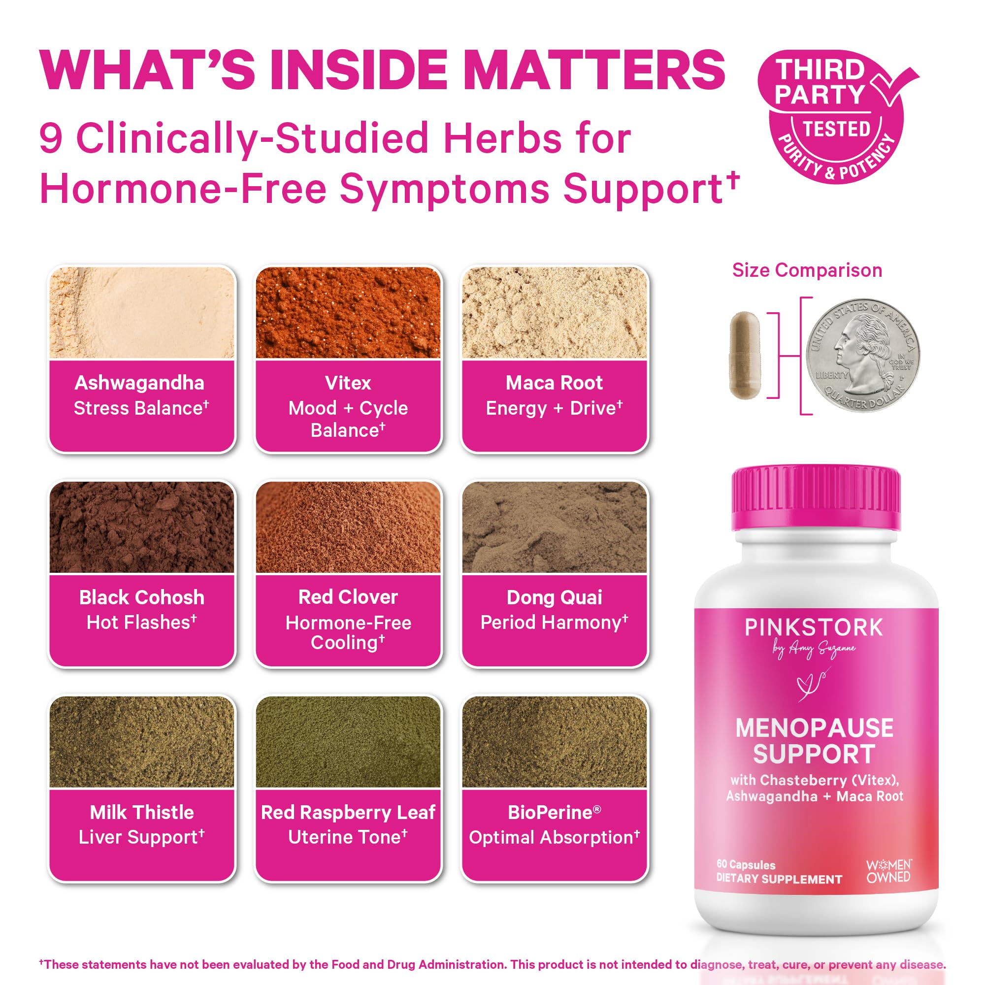 Pink Stork Menopause Support for Women - Hot Flash, Mood, Sleep, Weight, Cortisol & Hormonal Balance - Vegan, Estrogen-Free Perimenopause Relief - Ashwagandha, Maca - 60 Capsules Pink Stork Au supplements