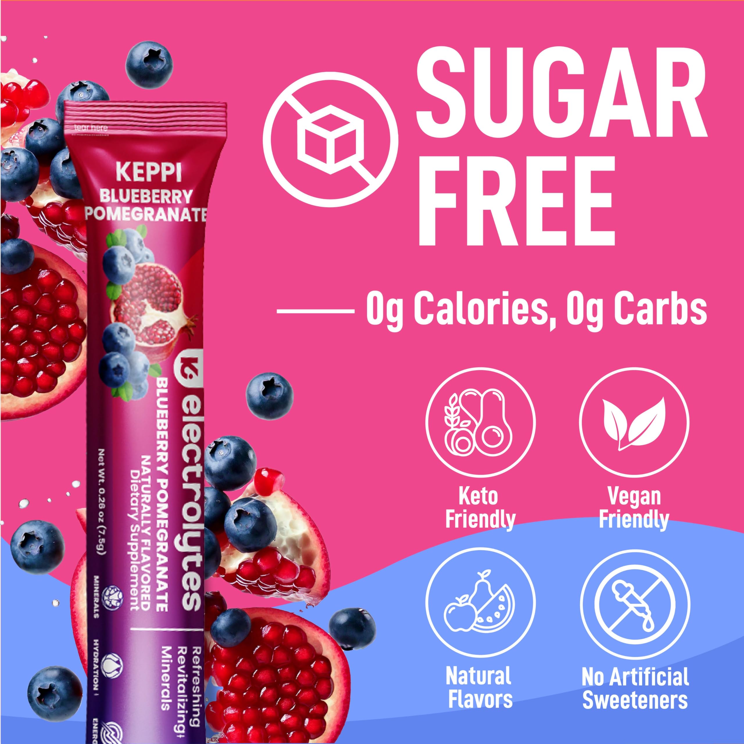 Keppi Electrolytes Powder Packets – Blueberry Pomegranate 30 Servings – No Sugar Hydration Supplement with Potassium, Magnesium, Sodium – Keto, Vegan