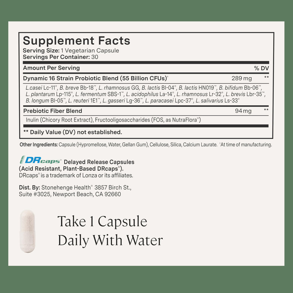 Stonehenge Health Probiotics 55 Billion CFU - 16 Strains, Prebiotic, Synbiotics Dynamic Biotics - Lactobacillus Acidophilus, Delayed Release