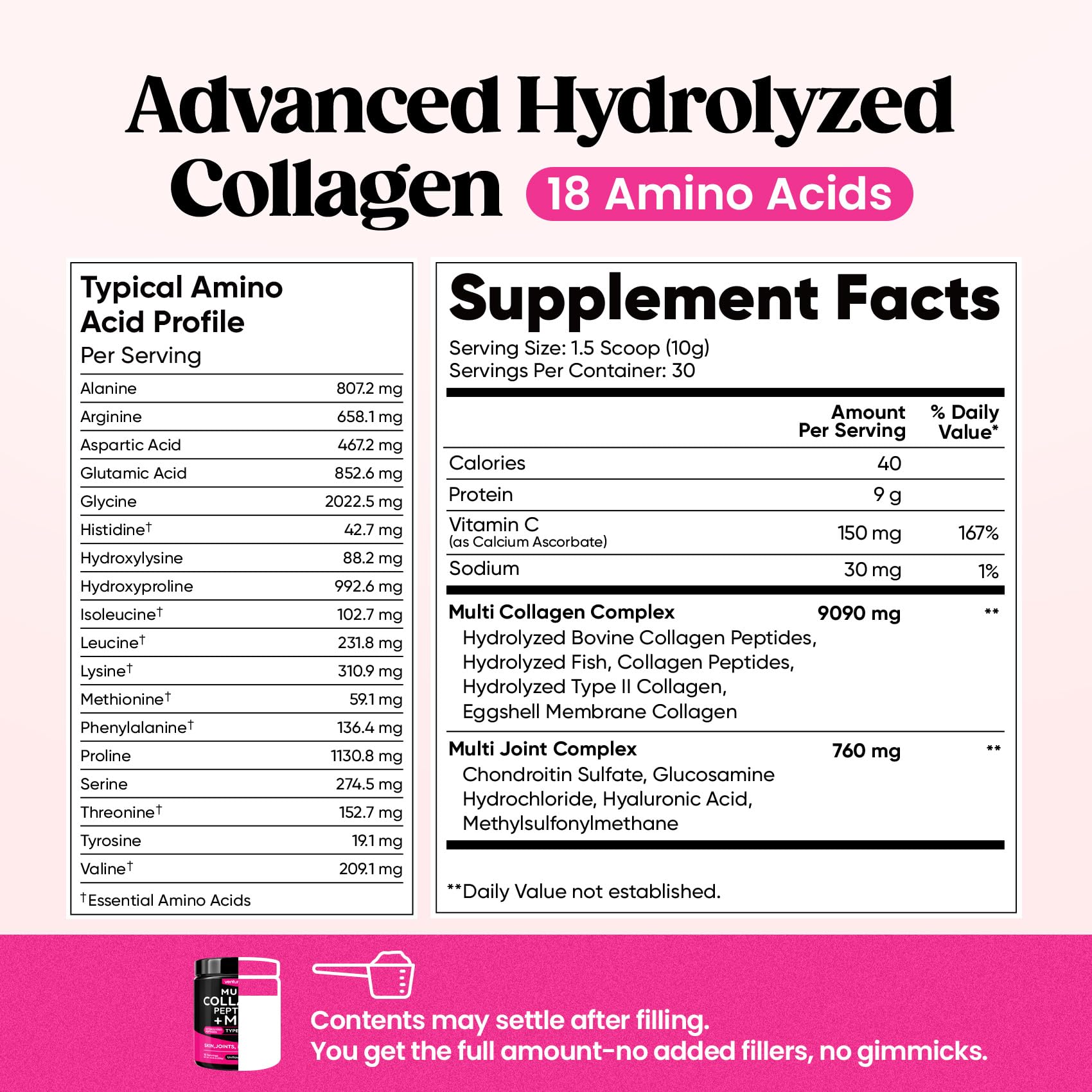 Venture Pal Multi Collagen Powder Type I, II, III, V, X – Hydrolyzed Collagen Peptides MSM, GC, Hyaluronic Acid Vitamin C | Collagen Supplement for Women