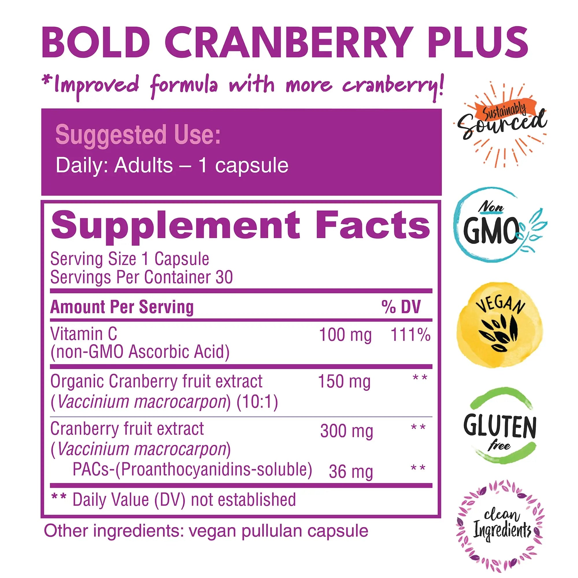 Bold Cranberry Plus Capsules - 100% Soluble 36mg PACs - Cranberry Pills for Women & Men with Urinary Tract Support, Non-GMO Vitamin C — 30 Vegan Capsules, 1 Month Supply Bold Botanica Au supplements