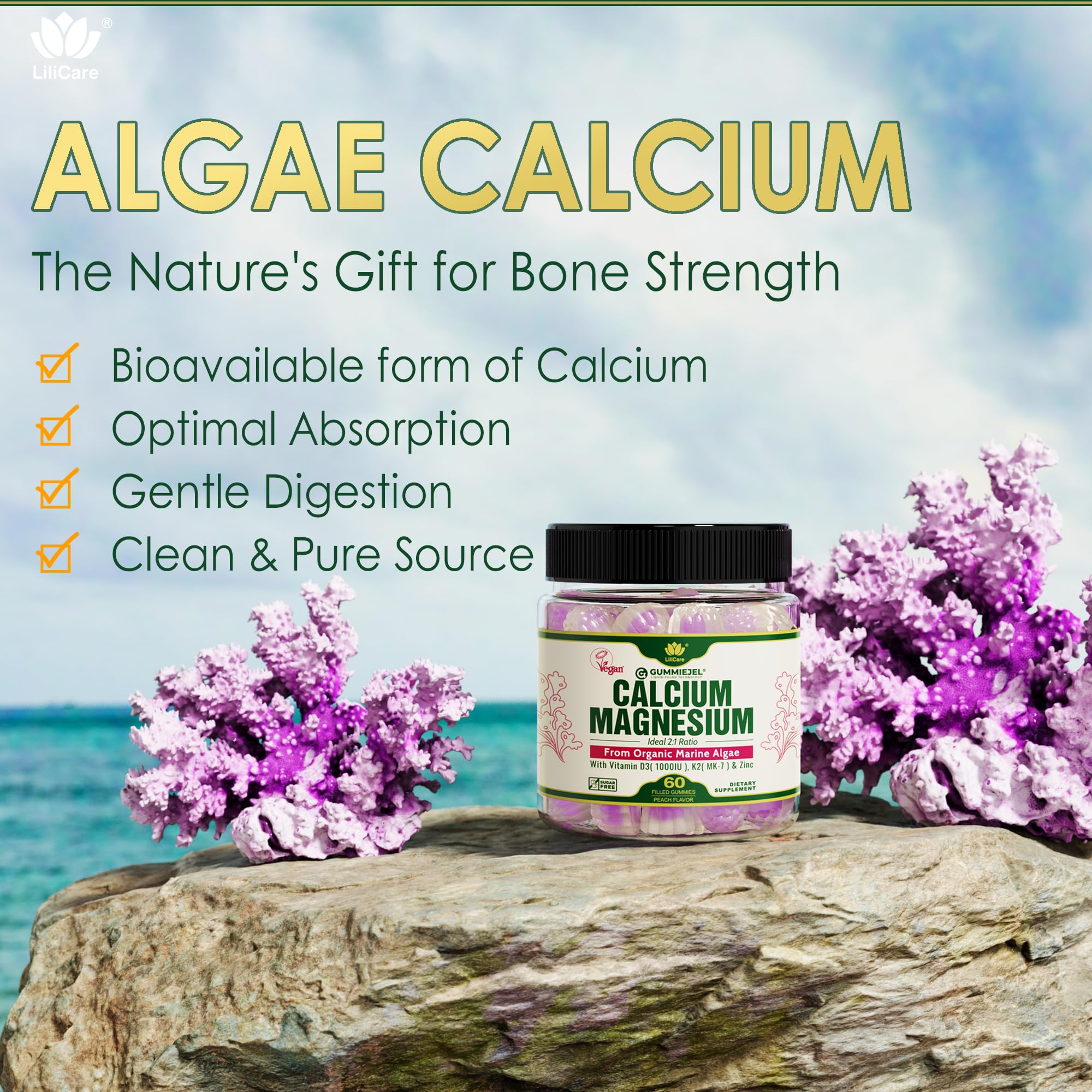 Plant Based Calcium Gummies 600mg with Vitamin D3 K2, Magnesium, Zinc for Bone Strength, Sugar Free Calcium Supplements for Women & Men (Certified Vegan)