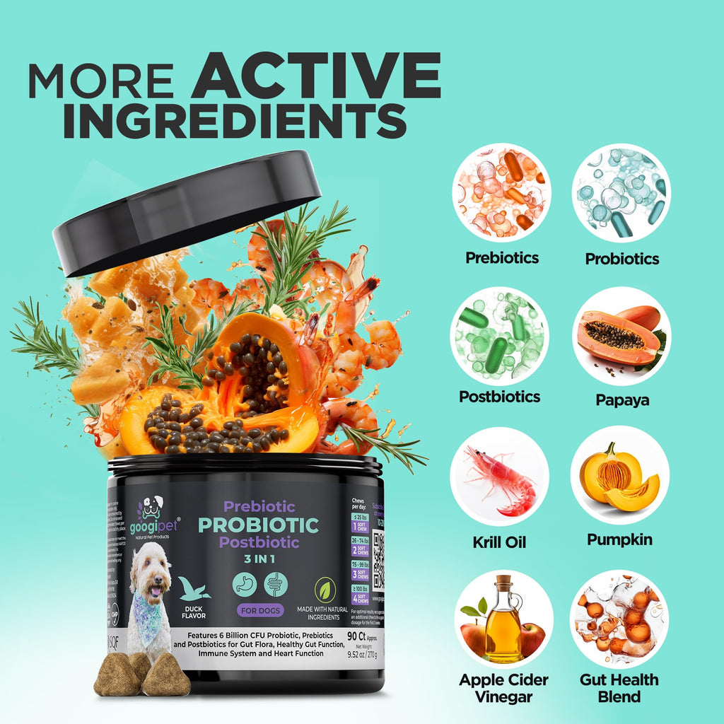 Googipet Probiotics for Dogs Digestive Health - Prebiotics and Probiotics Chews for Dog Yeast Infection Treatment + Digestive Enzymes - Dog Probiotics for Itchy Skin & Ears w/Papaya, Pumpkin, & Fiber GOOGIPET NATURAL PET PRODUCTS Au supplements