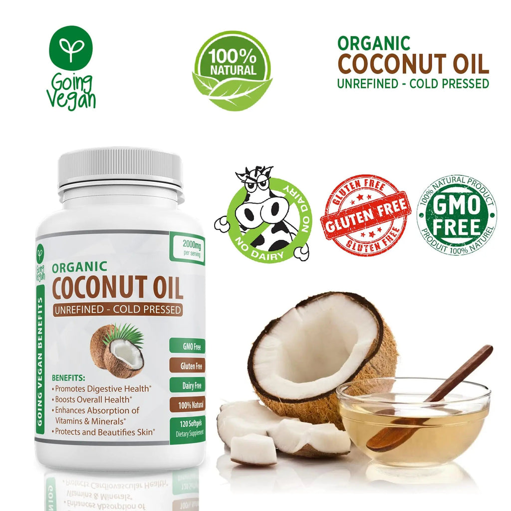 Organic Coconut Oil Capsules 2000mg - 100% Extra Virgin, Cold Pressed for Healthy Skin Going Vegan Au supplements