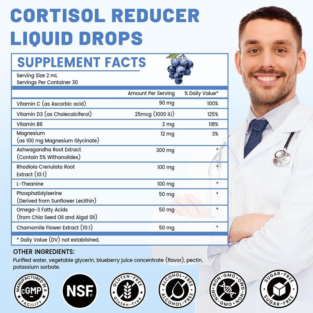 vivcmin 10 in 1 Cortisol Supplements for Women & Men, Cortisol Reducer with Ashwagandha, Magnesium, L-Theanine, Hormone Balance Drops - Sleep & Mood Support, 2 Fl Oz, Blueberry Flavor vivcmin Au supplements