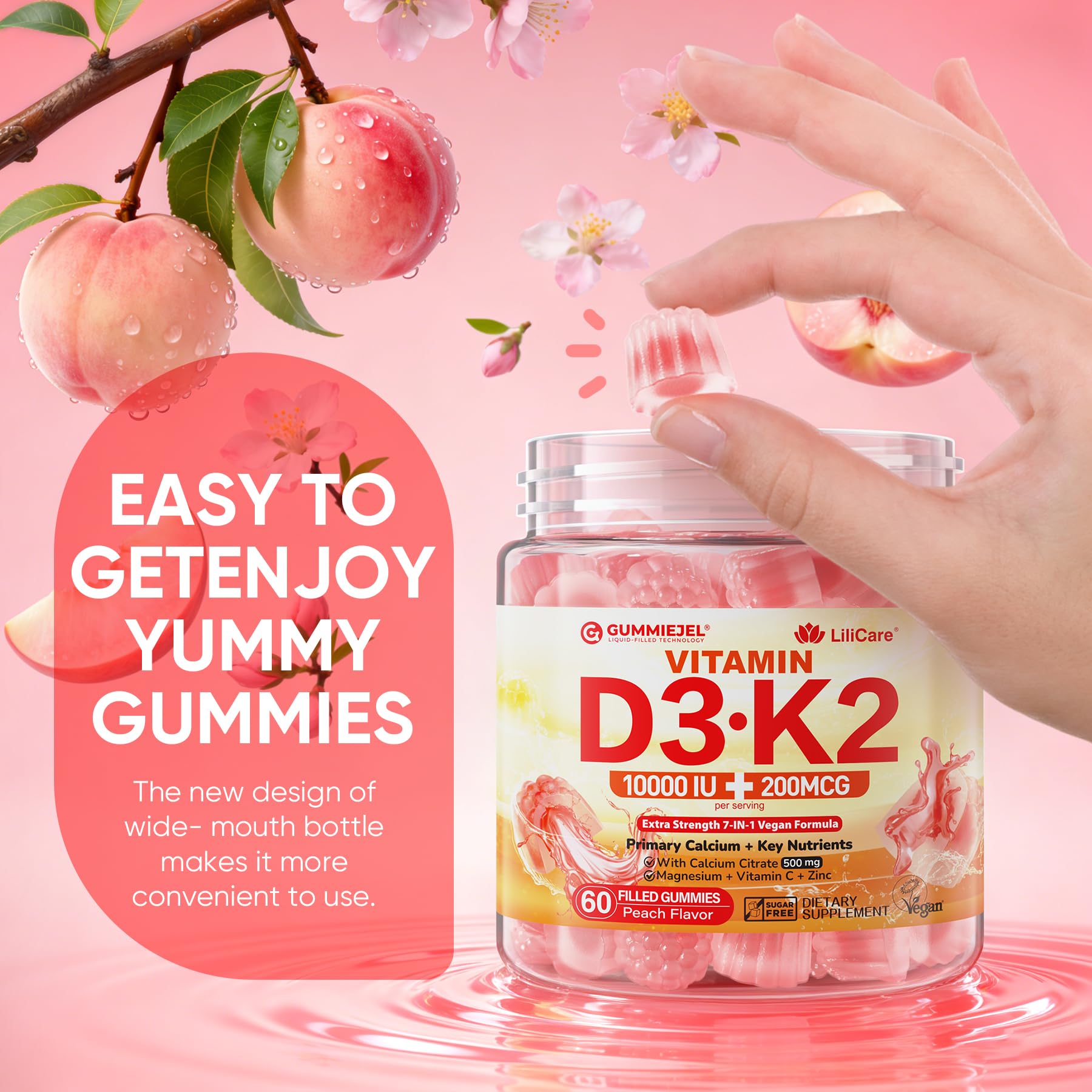 Vitamin D3 K2 Gummies 5000IU / 10,000 IU with 500mg Calcium + K2(MK-7) 200mcg, Magnesium, Vitamin C & Zinc, Extra Strength - Ultimate Absorbency for Bones
