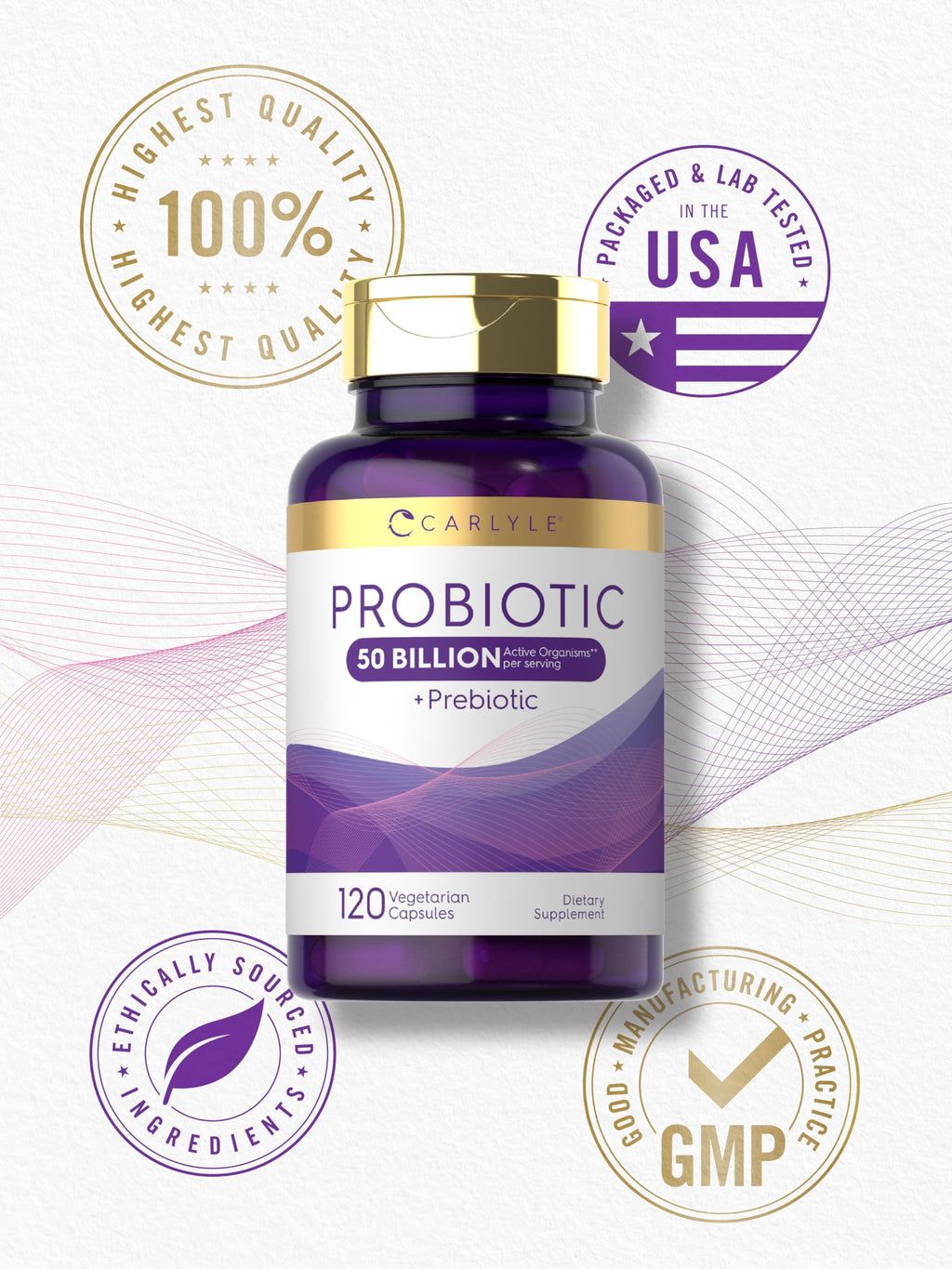 Carlyle Probiotics with Prebiotics | 120 Capsules | 50 Billion Active Organisms | Non-GMO & Gluten Free Supplement
