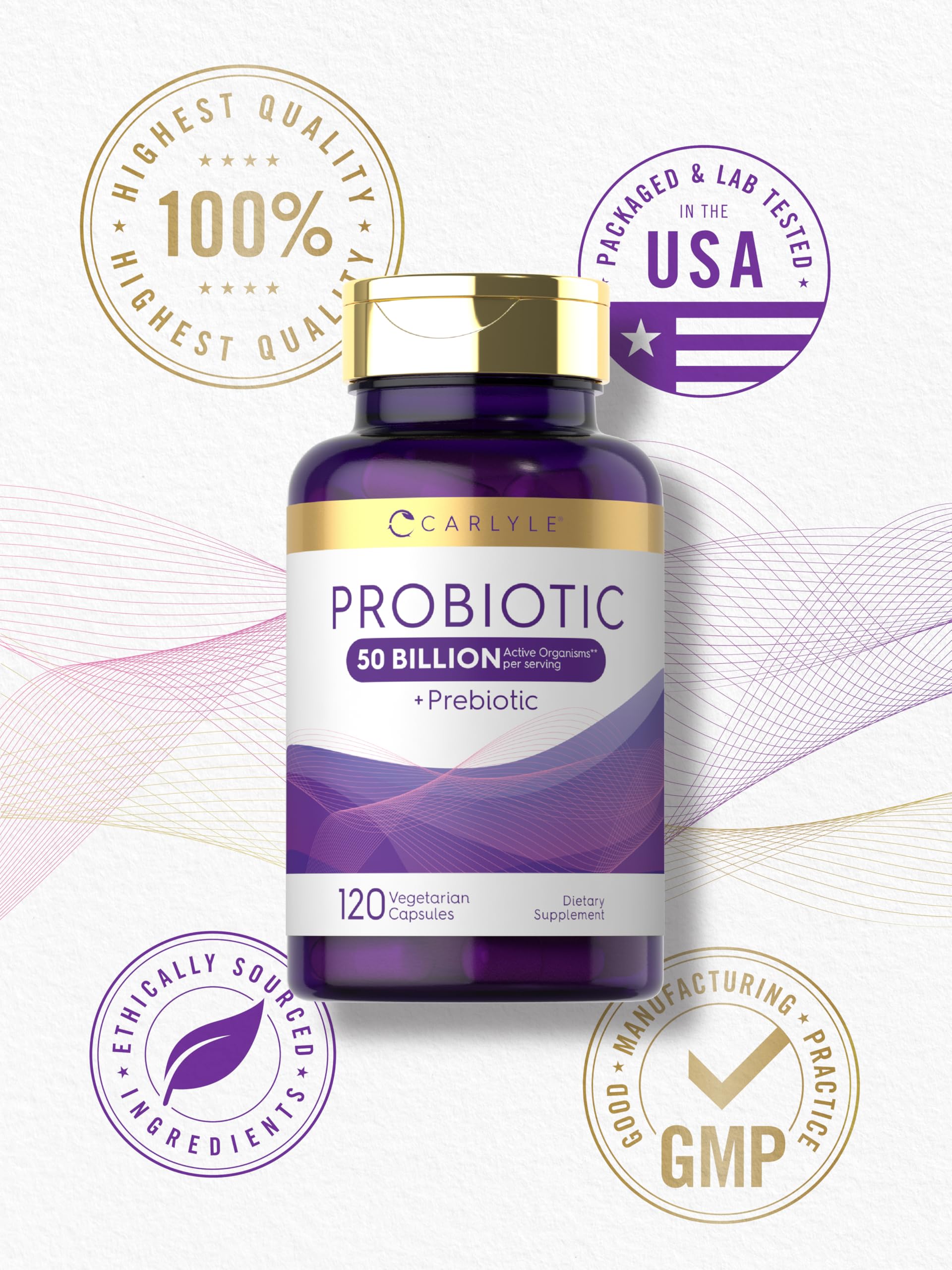 Carlyle Probiotics with Prebiotics | 120 Capsules | 50 Billion Active Organisms | Non-GMO & Gluten Free Supplement