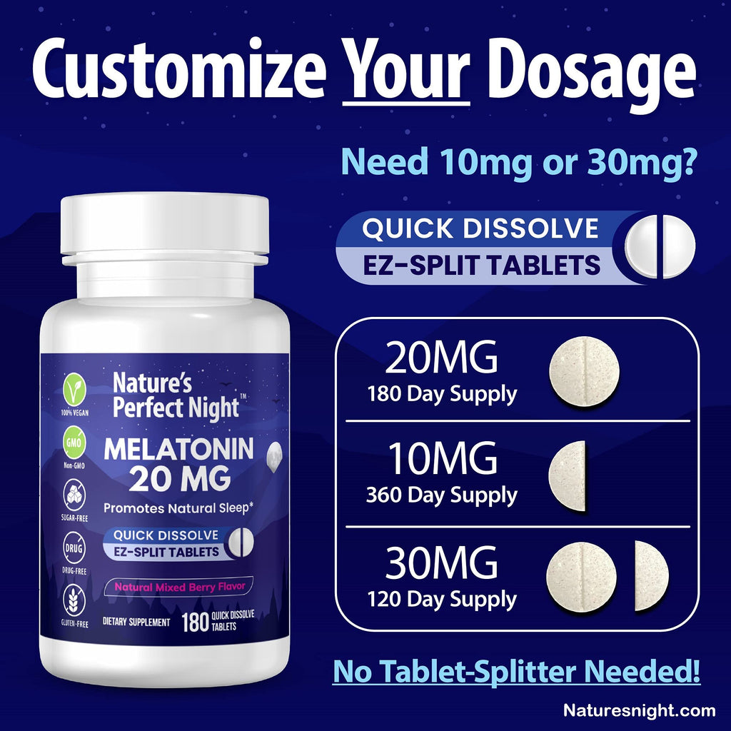 Nature's Perfect Night | Melatonin 20mg | 180 Quick Dissolve Tablets | Natural Mixed Berry Flavor |High Potency | Sugar Free