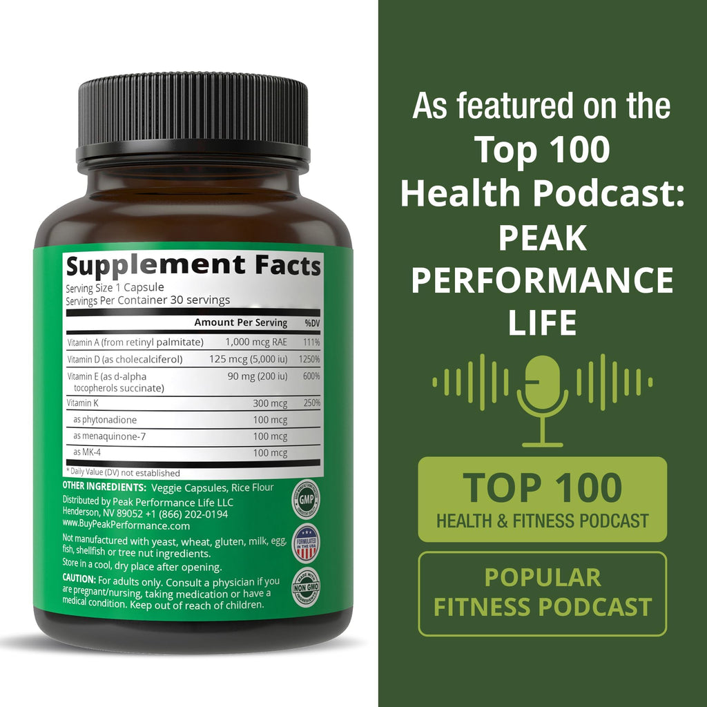 Peak Performance Vitamins D 5,000 iu + A + K + E All in 1 Easy to Swallow Vegan Capsule. ADK Vitamin Supplement with E D3 K2. Essential Vitamins for Mood