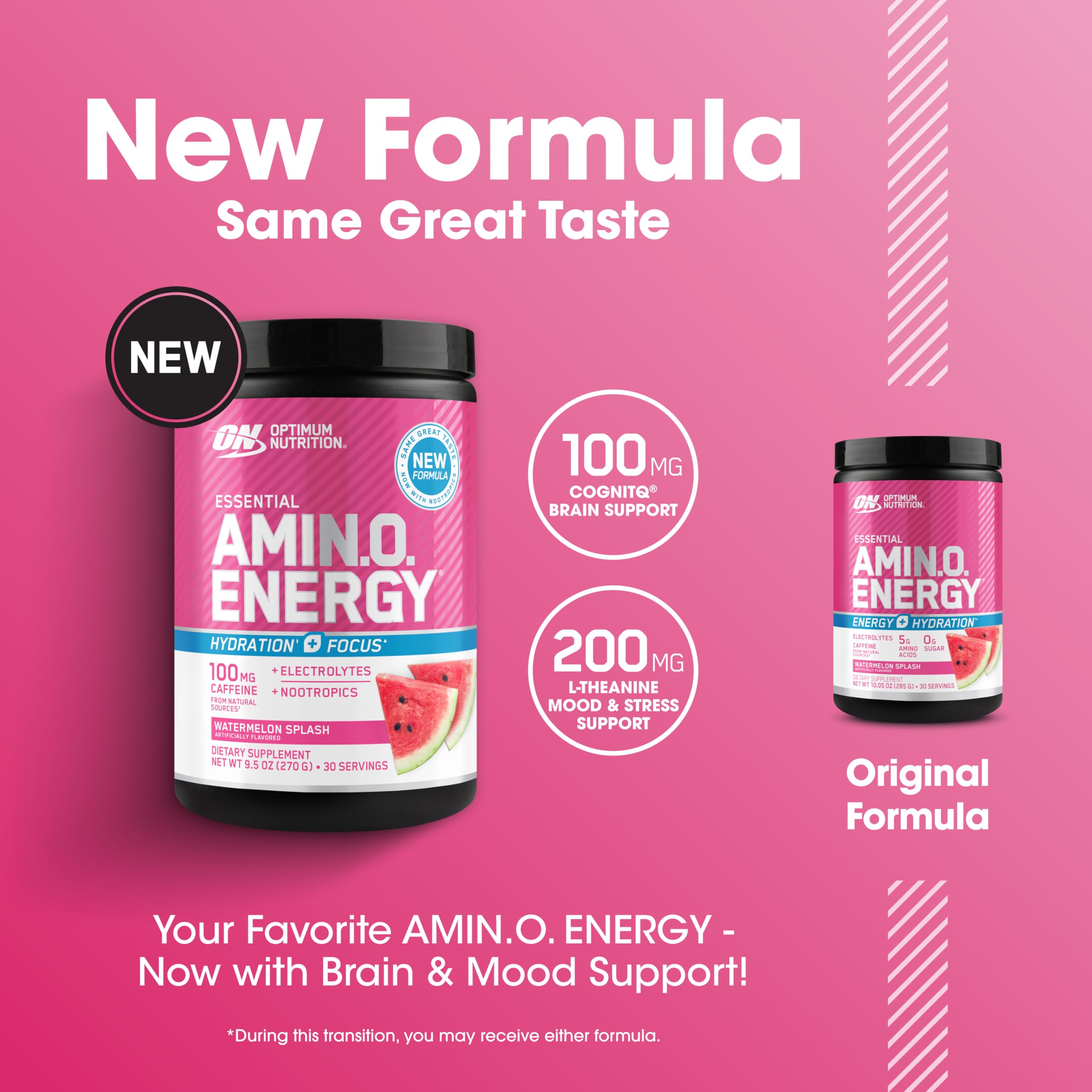 Optimum Nutrition Amino Energy Powder Plus Focus, with BCAA, Electrolytes, and Caffeine, Watermelon, 30 Servings (Packaging May Vary)