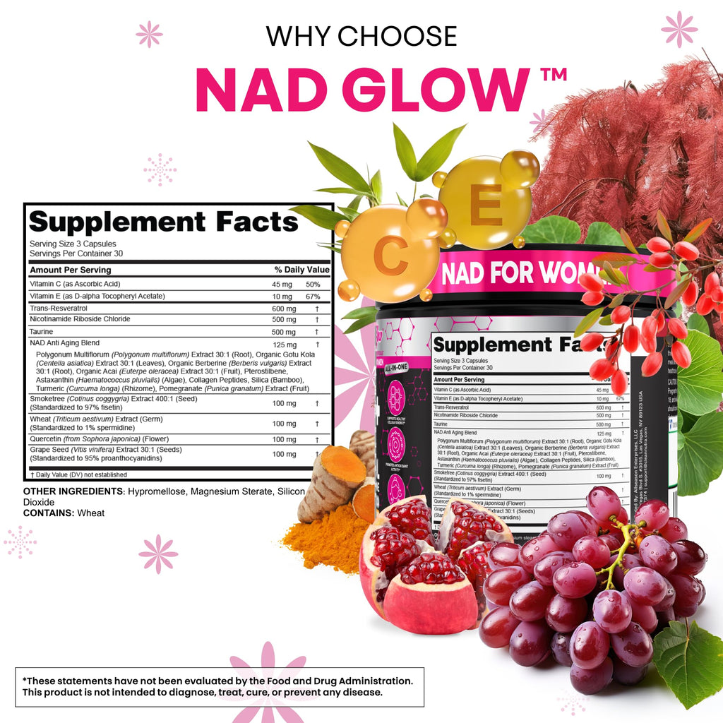 NAD+ Resveratrol Supplement for Women NAD Turmeric Vitamin C Acai Pomegranate Collagen Peptides Nicotinamide Riboside Fisetin Vitamin E Polygonum Multiflorum Berberine 90 Capsules by Clean Nutra Clean Nutraceuticals Au supplements