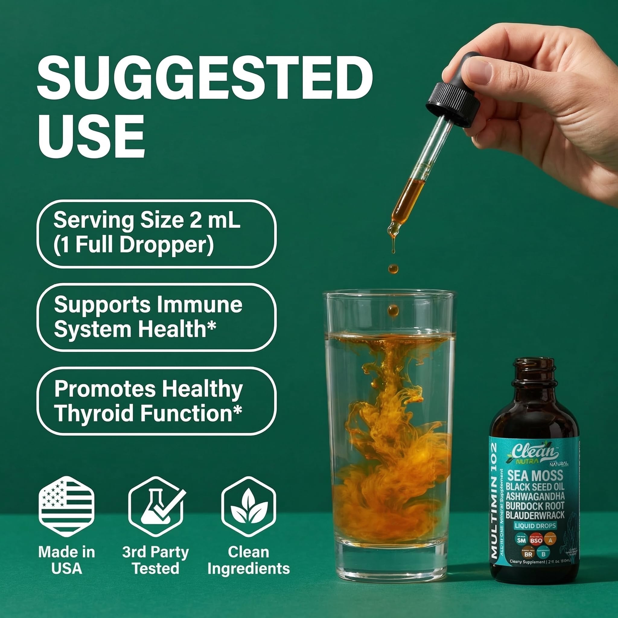 Clean Nutra Organic Sea Moss Drops Supplement | Black Seed Oil Irish Seamoss Ashwagandha Burdock Root & Bladderwrack - Multimineral Liquid Vegan
