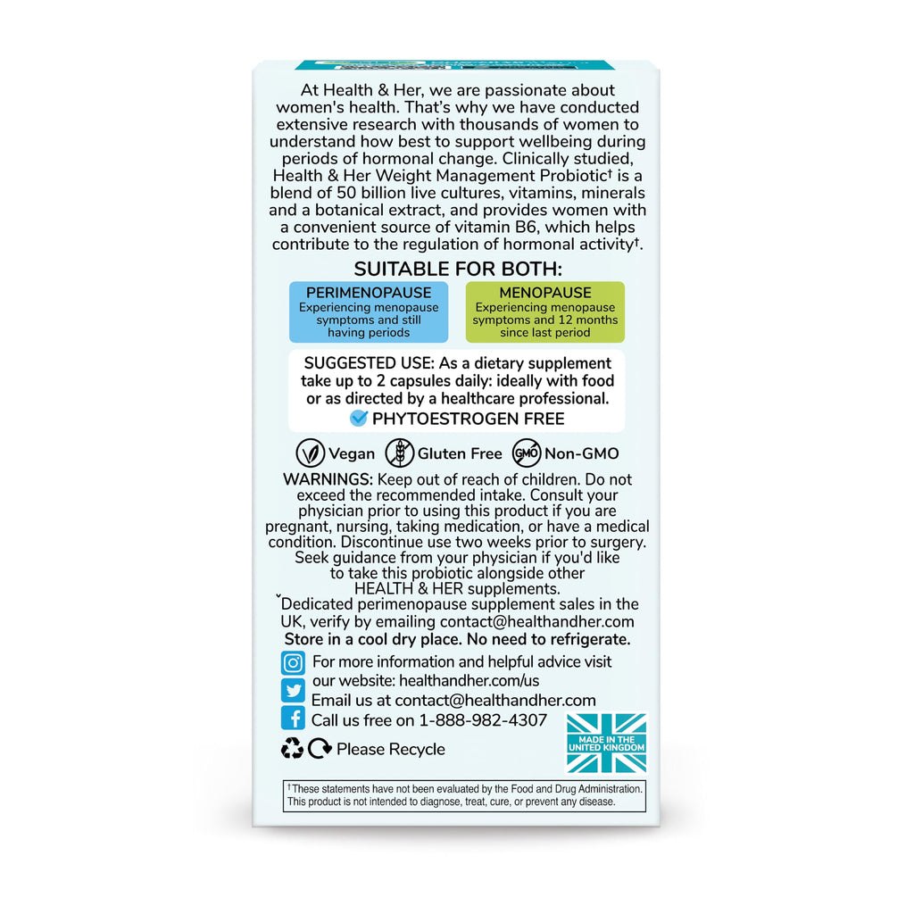 Health & Her Weight Management Probiotics for Women - Perimenopause & Menopause Supplement - Clinically Studied 50bn CFU Probiotics to Support Gut Health, Energy, Mood & Mind, Vegan (60 ct - 1 Month) Health and Her Au supplements