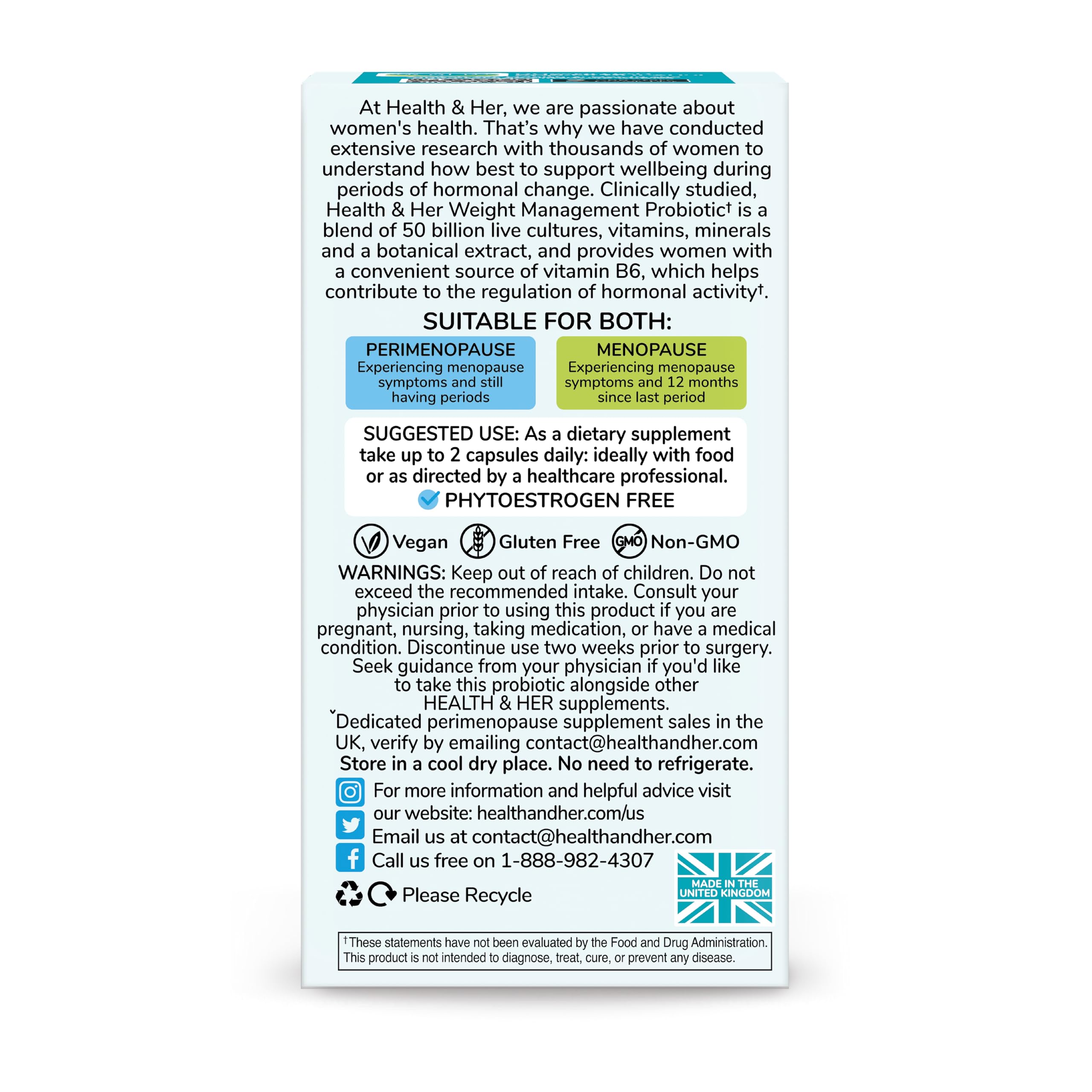 Health & Her Weight Management Probiotics for Women - Perimenopause & Menopause Supplement - Clinically Studied 50bn CFU Probiotics to Support Gut Health, Energy, Mood & Mind, Vegan (60 ct - 1 Month) Health and Her Au supplements