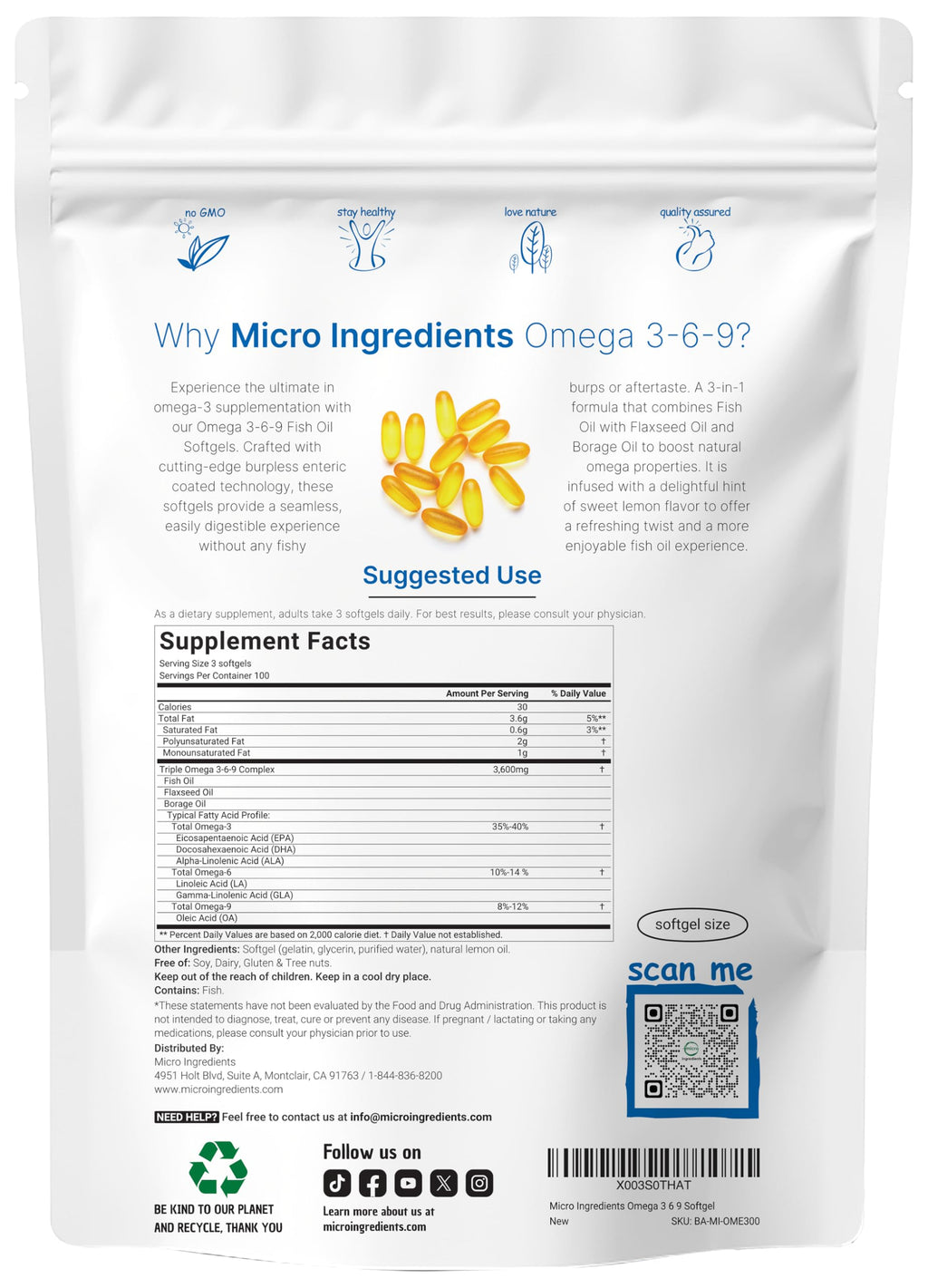 Ultra Omega 3-6-9 3600mg Per Serving, 300 Burpless Softgels | Lemon Flavor – Blend of Fish, Flaxseed, Borage Oils | Bioavailable Source