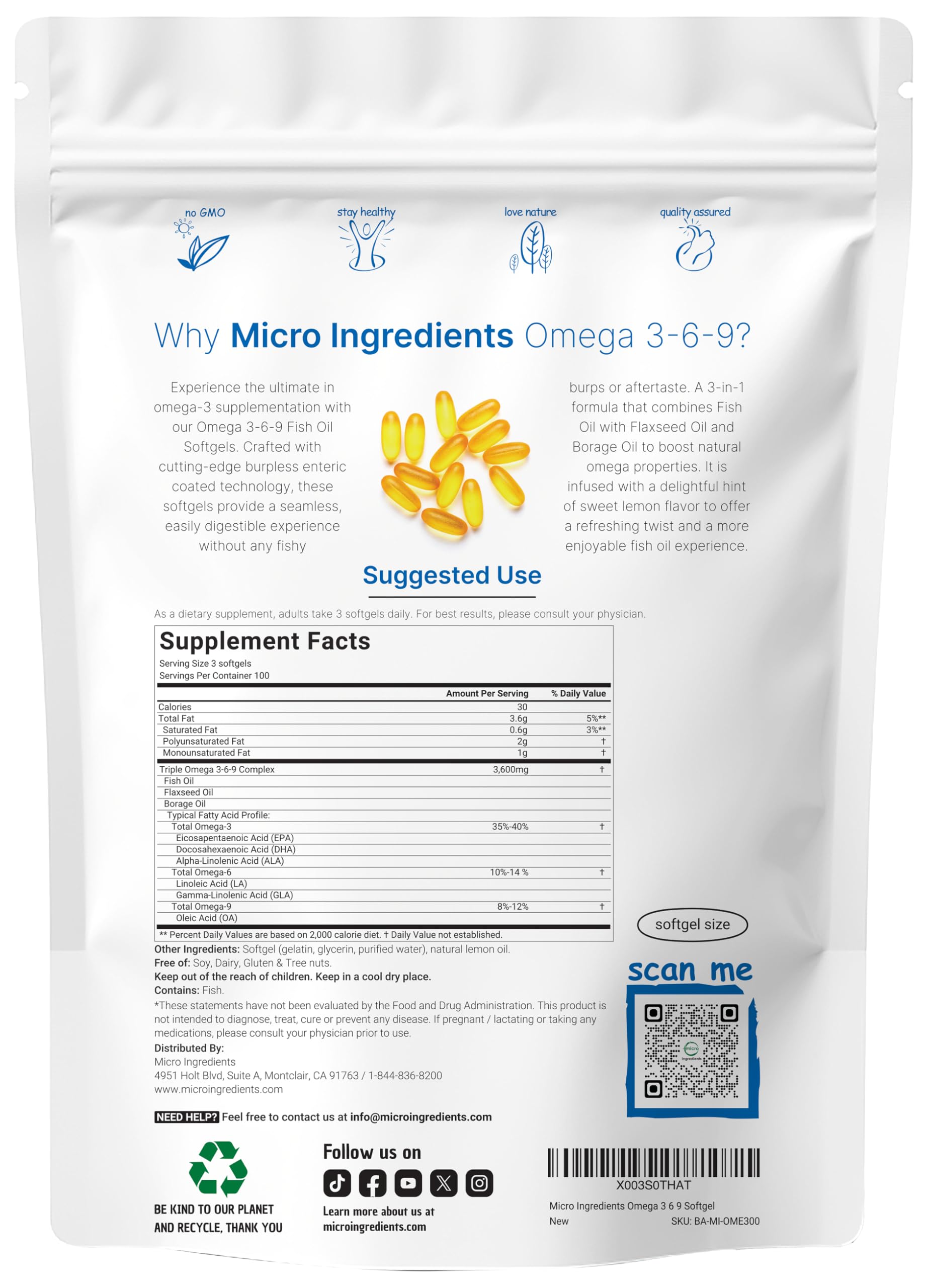 Ultra Omega 3-6-9 3600mg Per Serving, 300 Burpless Softgels | Lemon Flavor – Blend of Fish, Flaxseed, Borage Oils | Bioavailable Source