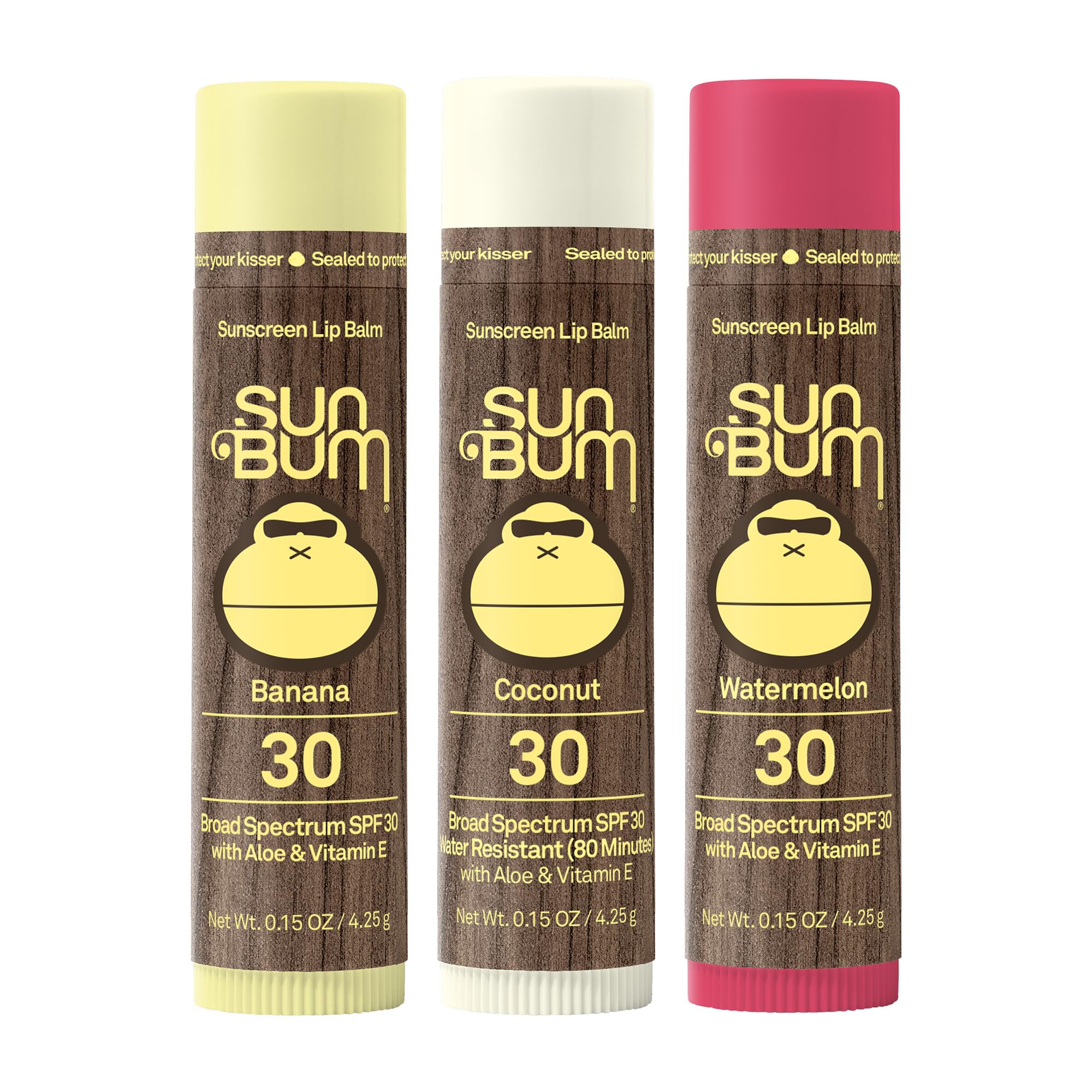Sun Bum SPF 30 Sunscreen Lip Balm 3 Flavor Variety Pack - Coconut, Banana, Watermelon - Moisturizing Aloe Vera and Vitamin E
