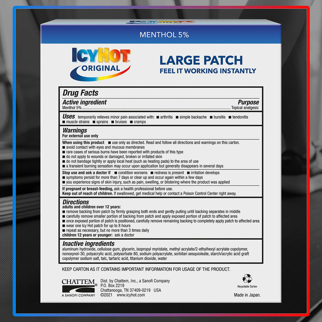 Icy Hot Original Pain Relief Patch, Large Size Comfortable Fabric Patches with Menthol 5%, Ice and Heat Contrast Therapy for Backaches, Joints, Muscle Strains and Arthritis, 5 ct. Icy Hot Au supplements
