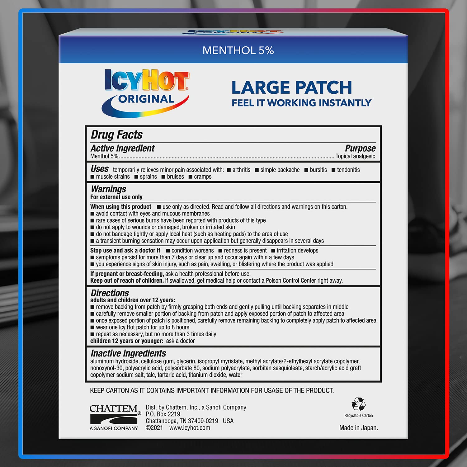 Icy Hot Original Pain Relief Patch, Large Size Comfortable Fabric Patches with Menthol 5%, Ice and Heat Contrast Therapy for Backaches, Joints, Muscle Strains and Arthritis, 5 ct. Icy Hot Au supplements