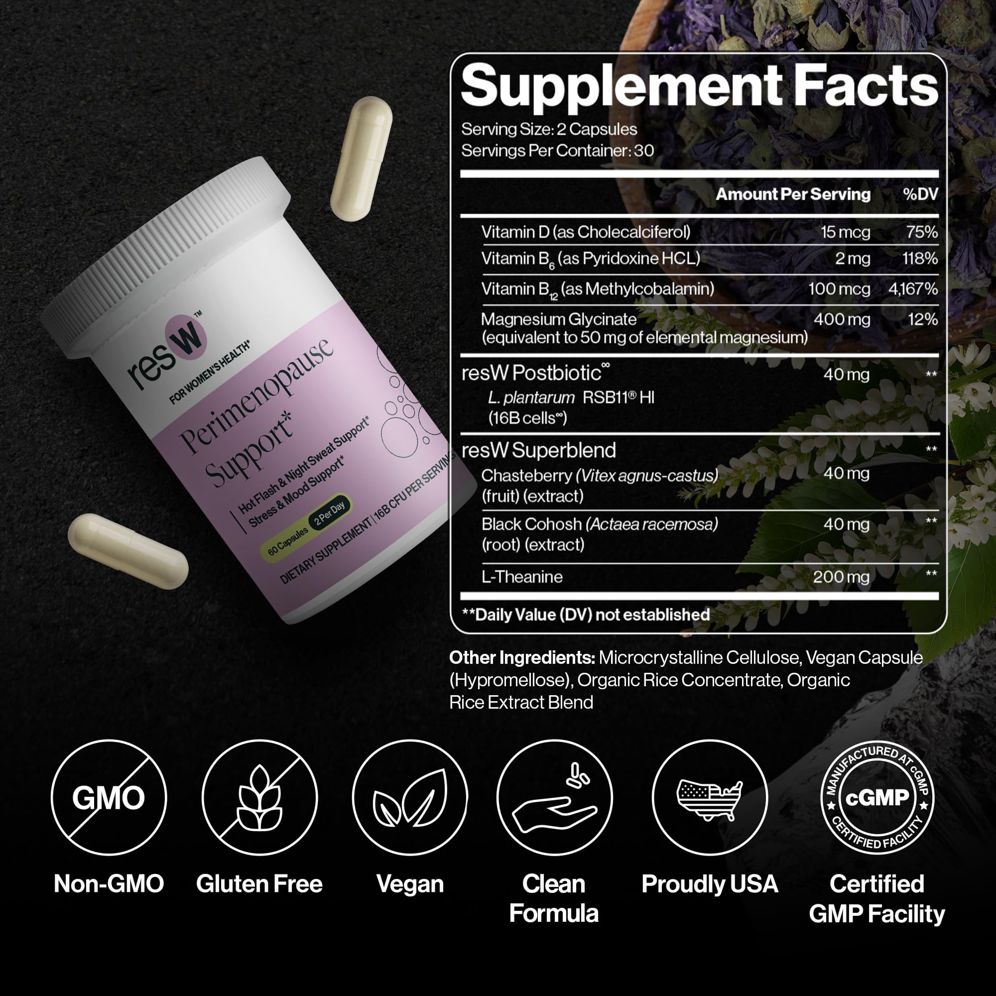 resW Perimenopause Postbiotic Supplement for Women - Hot Flash Support, Night Sweat Relief, Hormone Free, Vegan, Gluten Free, Non GMO, Plant Based Gut Health Support - 60 Capsules ResBiotic Au supplements