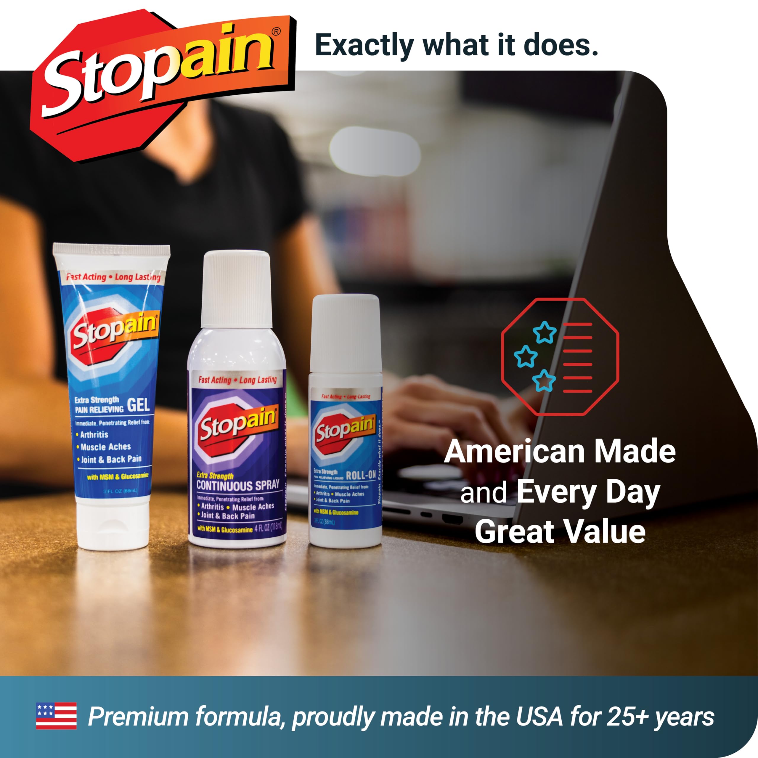 Stopain Pain Relief Combo Set (Gel, Roll On, Spray) USA Made, Max Strength Fast Acting with MSM, Glucosamine, Menthol for Lower Back, Knee, Neck HSA FSA Topical Analgesic Products Stopain Au supplements