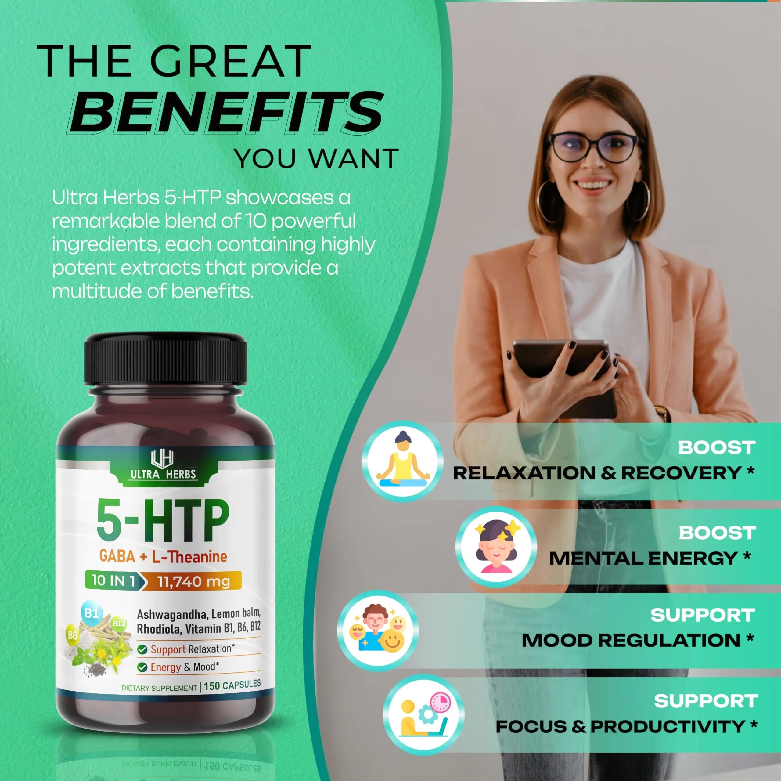 5-HTP Supplement 11,740mg 10 in 1 with GABA, L-Theanine, Ashwagandha, Rhodiola ULTRA HERBS Au supplements