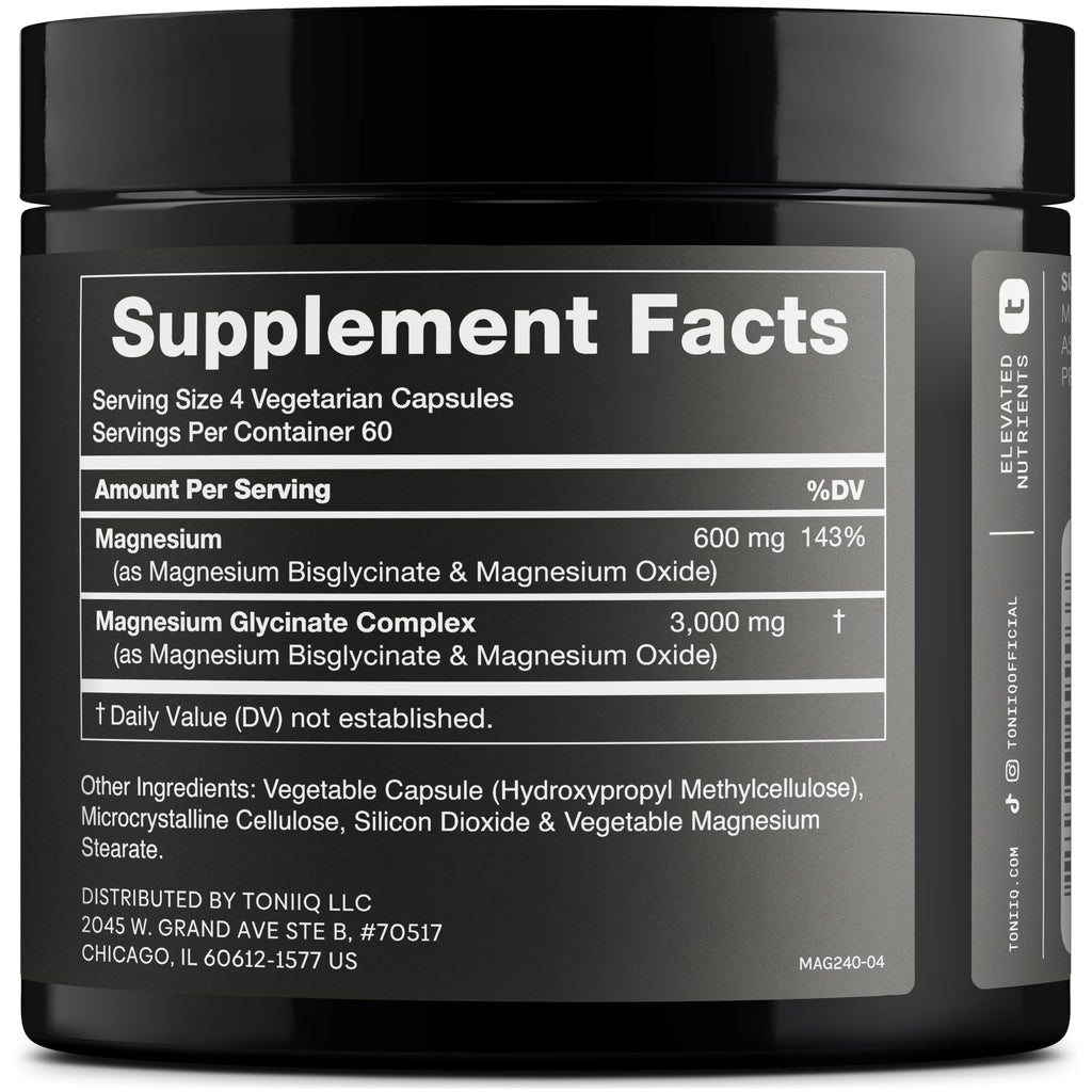 Toniiq 3,000mg Ultra High Strength Magnesium Glycinate - 20% Purified to Contain 600mg of Elemental Magnesium - Chelated and Bioavailable Magnesium