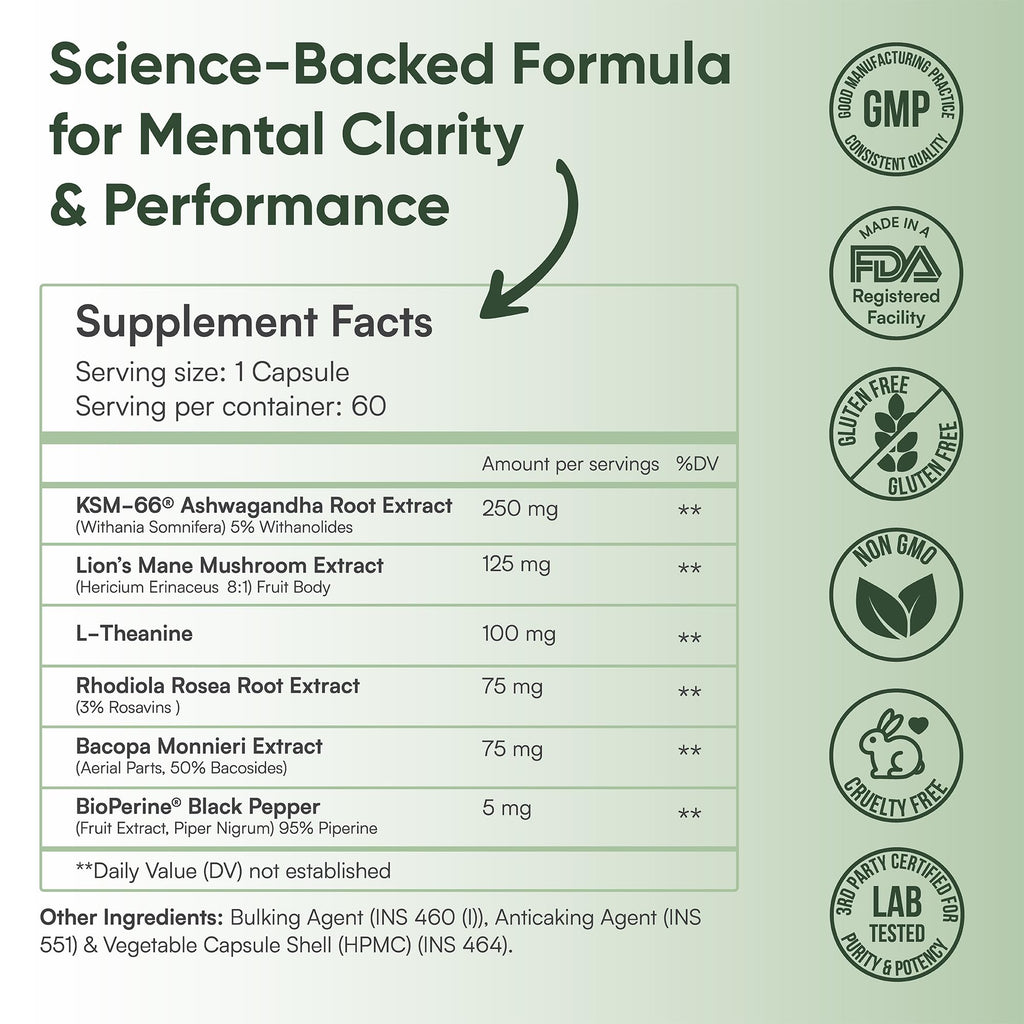 PrimaLeaf Clarity Nootropics Brain Supplement for Focus, Memory, & Stress Relief | Natural Nootropic with KSM66 Ashwagandha, Lions Mane, Bacopa, L Theanine | Cognitive & Mood Support | 60 Veg Capsules PrimaLeaf Au supplements