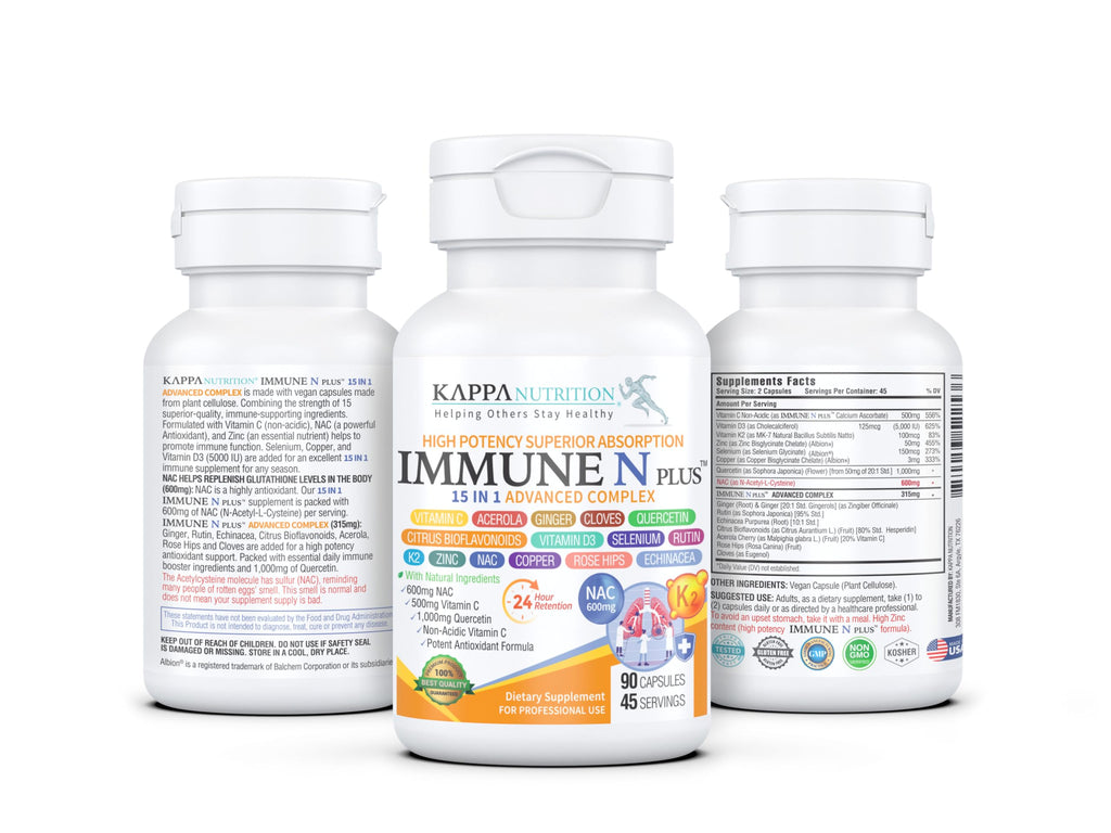 (90 Capsules), NAC 600mg, Quercetin 1,000mg, Vitamin C 500mg, Zinc 50mg, Vitamin D3 5,000iu, Selenium, Copper, Acerola, Ginger, Rutin, Citrus Bioflavonoids, Rose Hips, Echinacea, Immune N Plus 15 in 1 KAPPA NUTRITION Au supplements