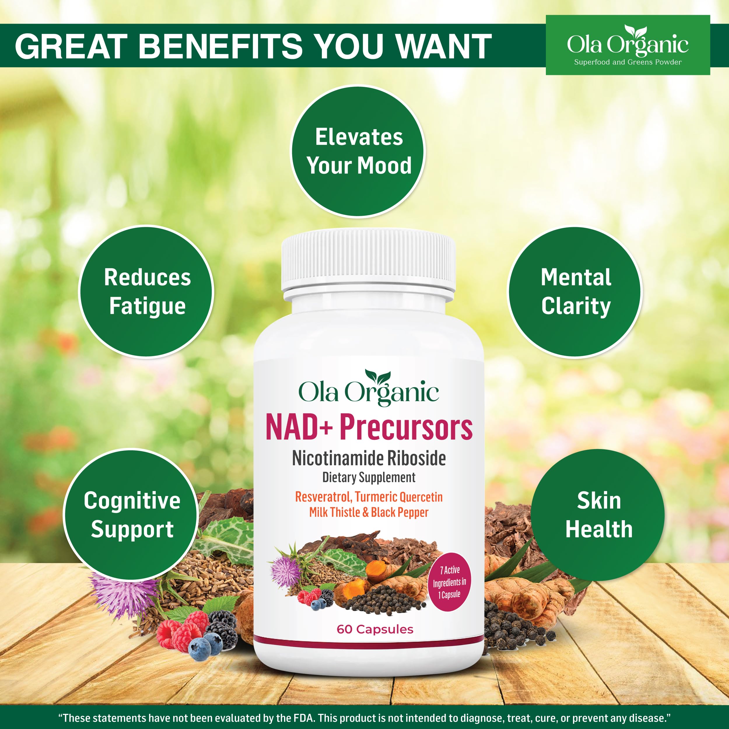 NAD+ Supplement & NAD Booster for Cellular Energy and Healthy Aging – Plant-Based Nicotinamide Riboside (NR) NAD Precursor with Resveratrol, Turmeric, Quercetin, Rhodiola & Milk Thistle – 60 Capsules Ola Organic Au supplements