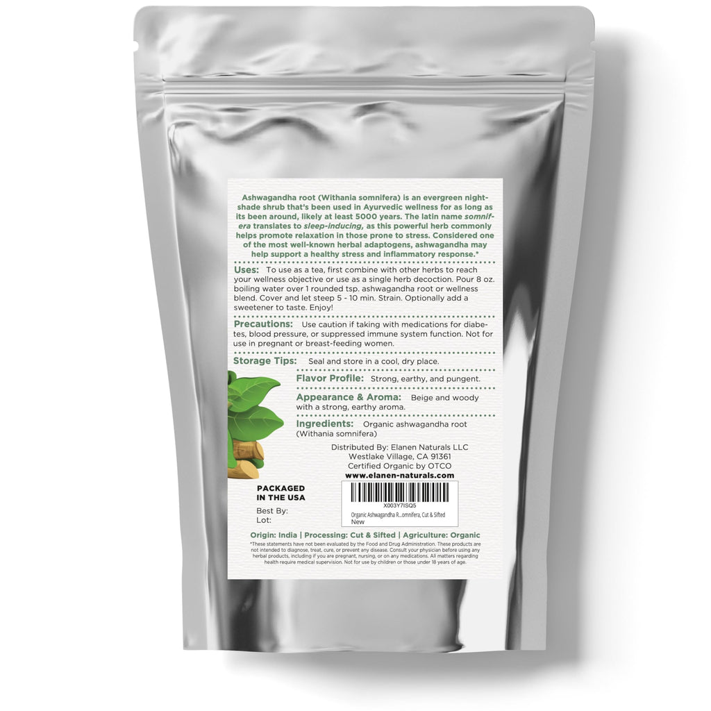 Elanen Naturals Organic Ashwagandha Root 4 oz. (113g), USDA Certified Organic Ashwagandha Root Loose Leaf Tea, Dried Withania somnifera, Cut & Sifted Elanen Naturals Au supplements