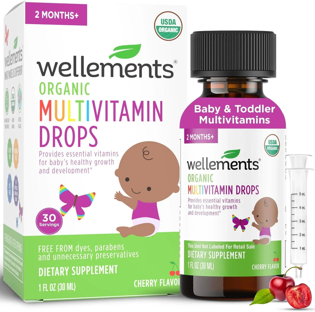 Wellements Organic Baby Multivitamin Drops (1 Fl Oz) - Cherry Flavor Liquid Multivitamins for Infants & Toddlers (2 Months+) Wellements Au supplements