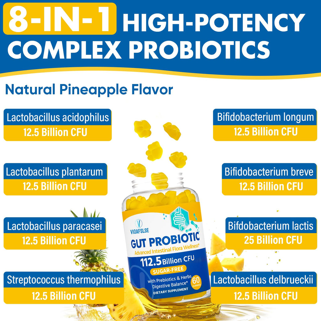 Gut Health & Probiotic Gummies, 112.5 Billion CFU, Sugar Free - 8 Strains + Prebiotics + Herbs - for Digestive, Immune, Diarrhea & Bloating - Gut Health for Women & Men