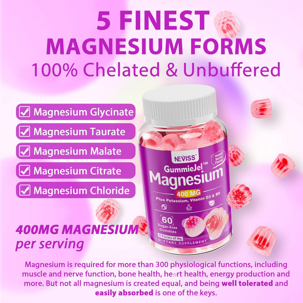 Magnesium Gummies 400mg | 5-in-1 Magnesium Complex for Women & Men: Mag Glycinate, Citrate, Malate, Chloride & Taurate | w/Ashwagandha, D3 & Zinc for Relaxtion,