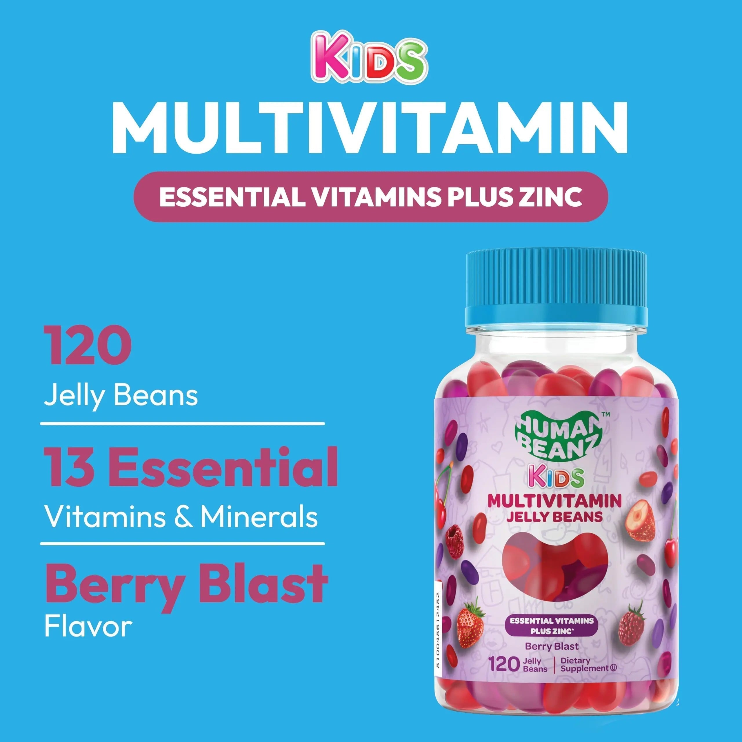 Human Beanz Multivitamin Jelly Bean Gummies with Zinc for Kids, Immune Support Dietary Supplements, Vegetarian, 120 Berry Blast Jelly Beans, Kosher Human Beanz Au supplements