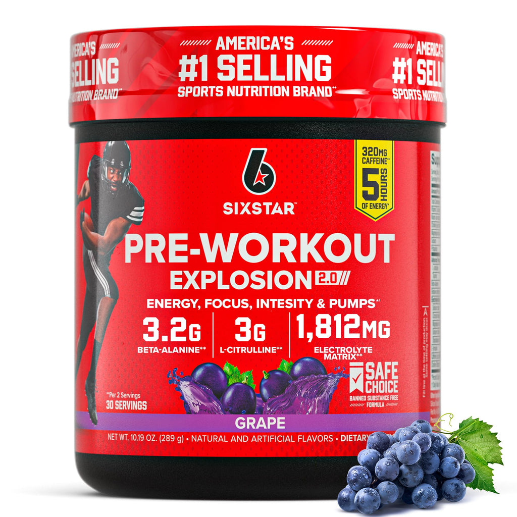 Six Star Pre-Workout Explosion, Grape (30 Servings) - Preworkout Energy Powder Supplement for Men & Women - Workout Drink Mix with L-Tyrosine & Beta Alanine