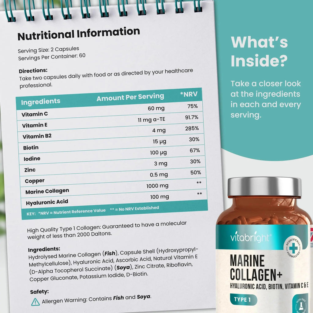 Marine Collagen Capsules 1000mg - 120 Capsules - 9 Powerful Skin Supporting Nutrients VitaBright Au supplements