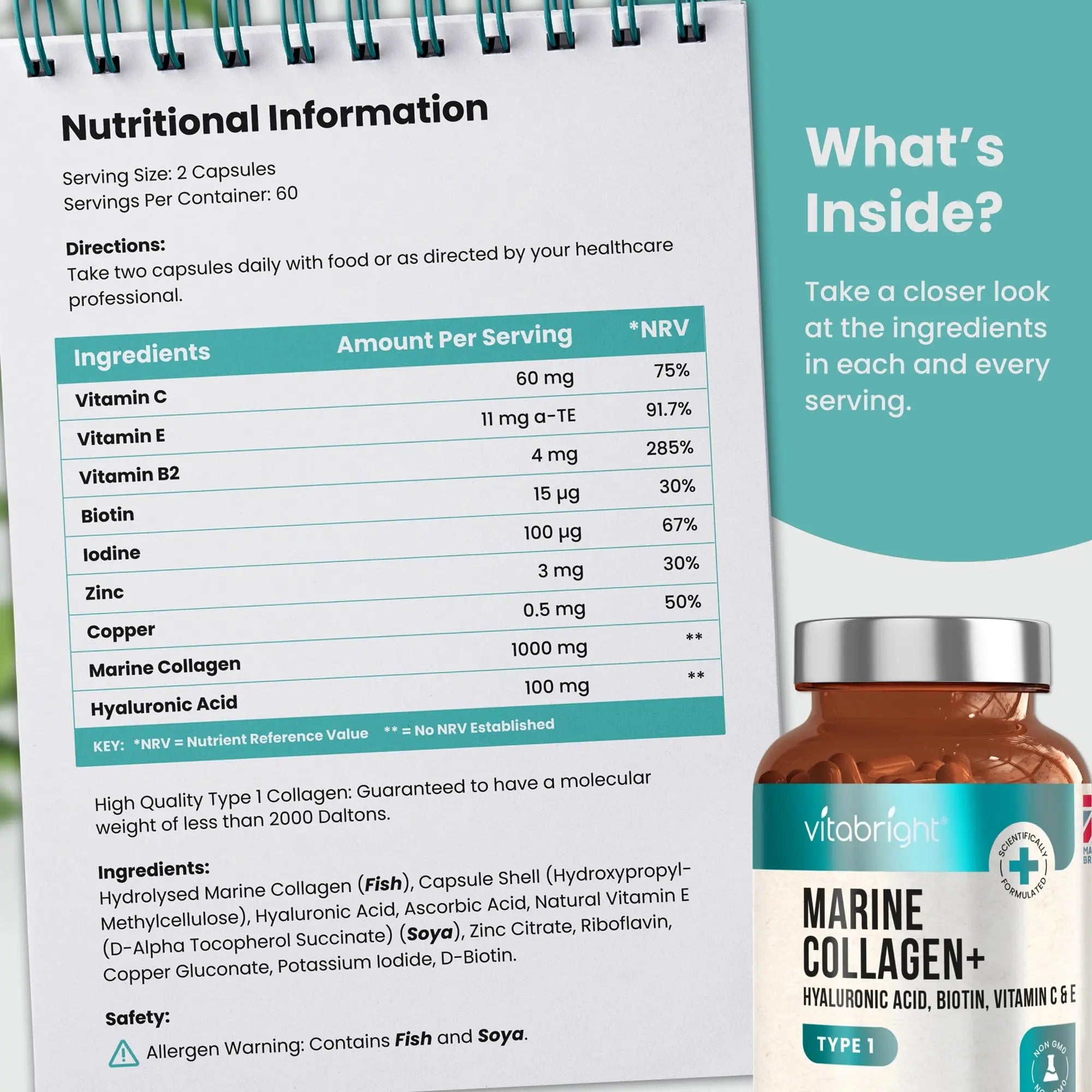 Marine Collagen Capsules 1000mg - 120 Capsules - 9 Powerful Skin Supporting Nutrients VitaBright Au supplements