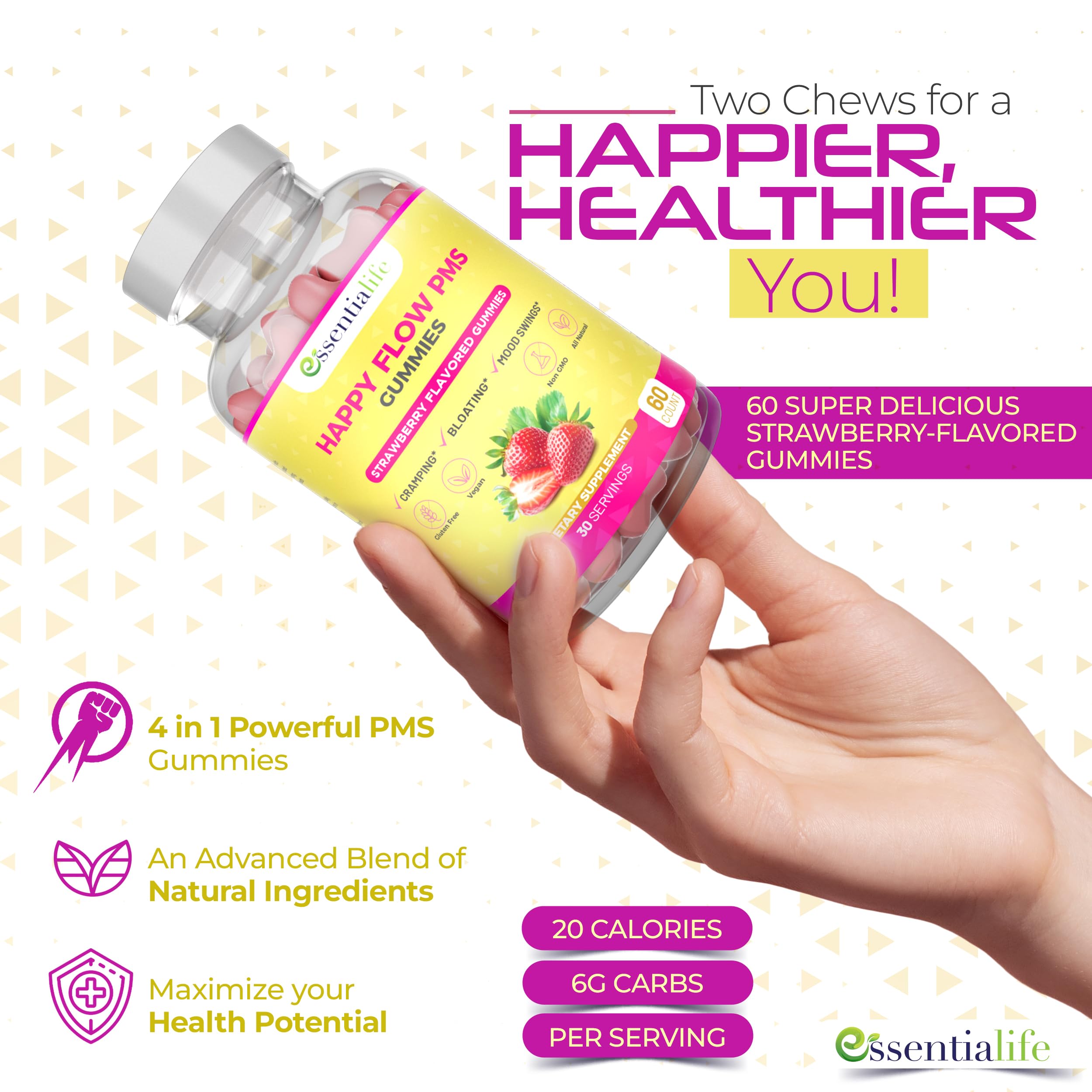 PMS Gummies - Happy Flow PMS Support Supplement for Women - Strawberry PMS Relief Supplement with Vitamin B6 for Hormone Balance, Period Support, Cramps, Hormonal Acne & Bloating Relief (60 Count) Essentialife Au supplements