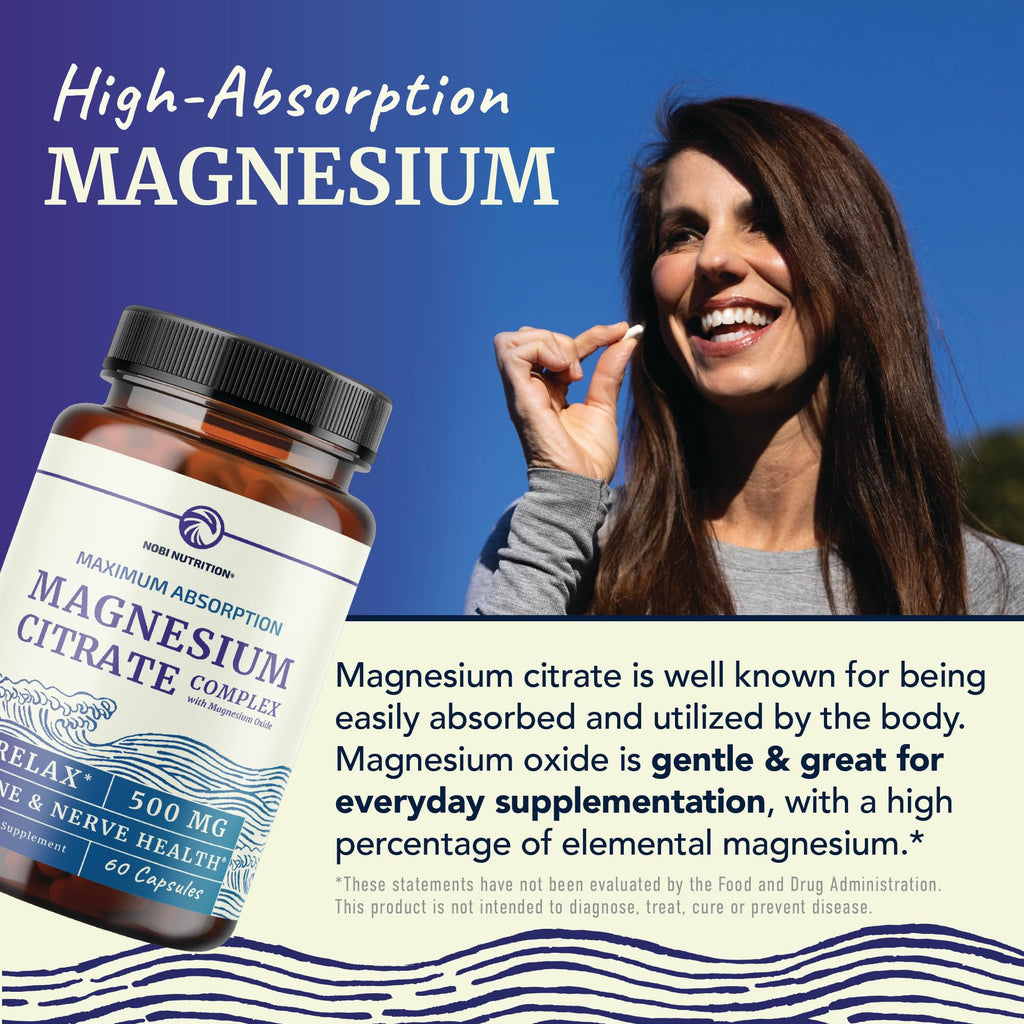 Magnesium Citrate Complex 500 MG for Calm & Relaxation | High Absorption Magnesium Supplement | Citrato de Magnesio | Constipation & Digestion Support Non-GMO Soy-Free | 60 Mag Citrate Capsules Nobi Nutrition Au supplements