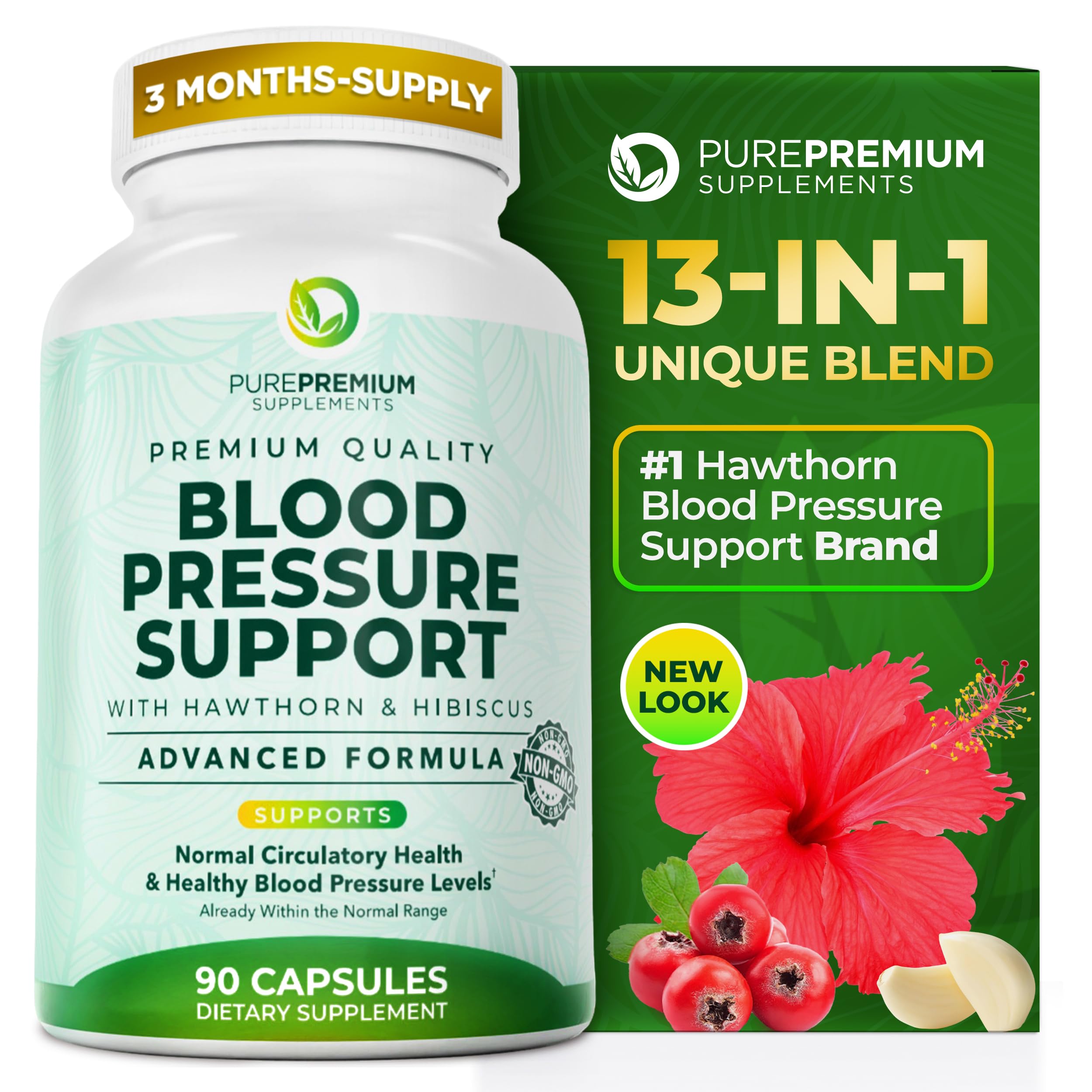 PurePremium Blood Pressure Supplements with Hawthorn Berry, Hibiscus, Garlic & Vitamin B12- Nitric Oxide Supplement for Normal Heart Health