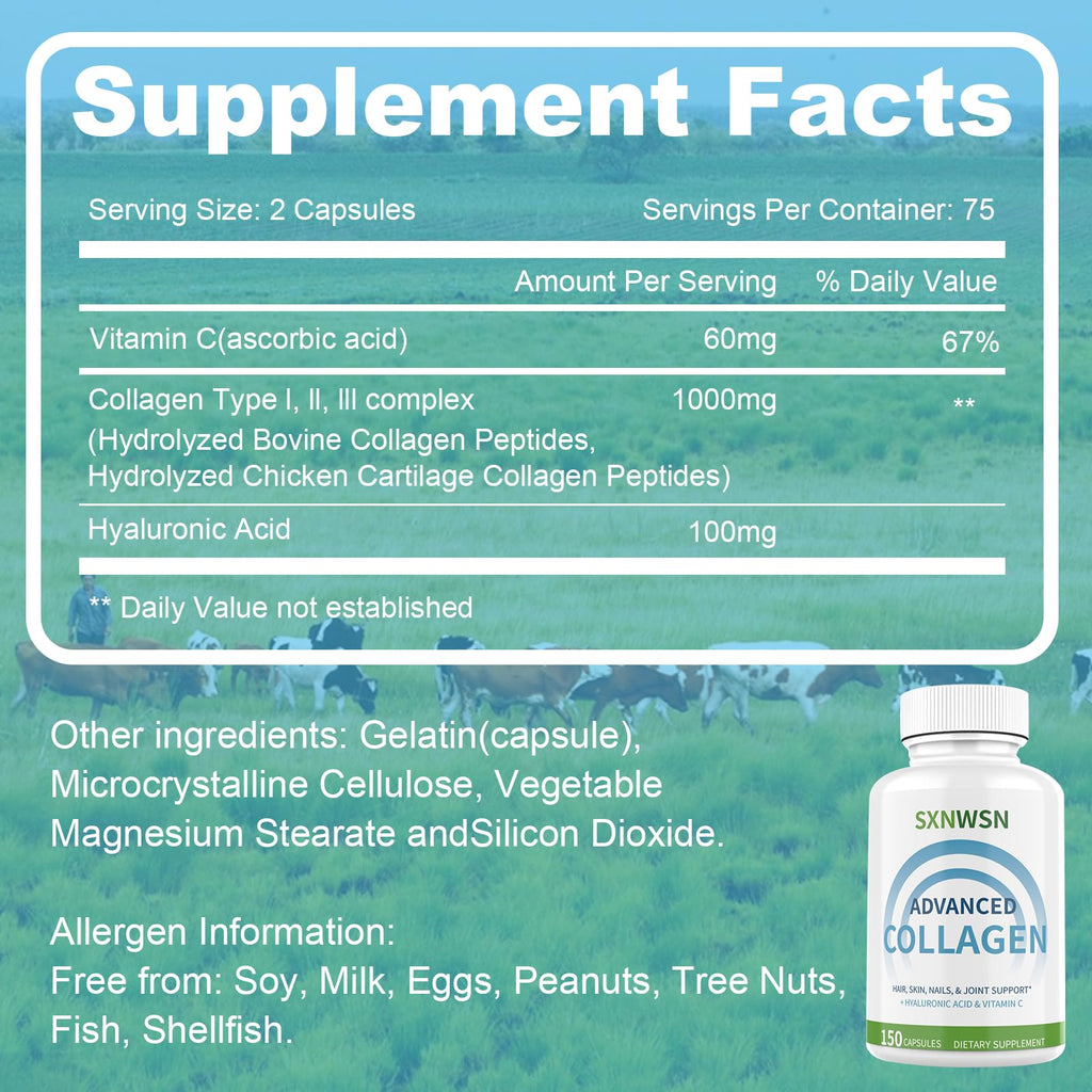 Advanced Multi Collagen Supplement with Vitamin C + Hyaluronic Acid - Hydrolyzed Collagen Peptides Supports for Skin, Joints & Hair* | Collagen Complex 150 Capsules for Women or Men SXNWSN Au supplements