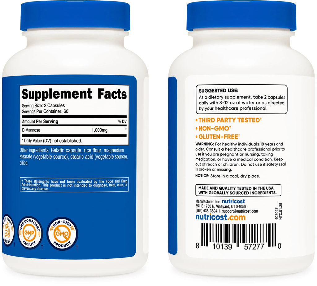 Nutricost D-Mannose 1000mg Per Serving, 120 Capsules - 500mg Per Capsule, Urinary Tract Health, Non-GMO and Gluten Free (Pack of 2) Nutricost Au supplements