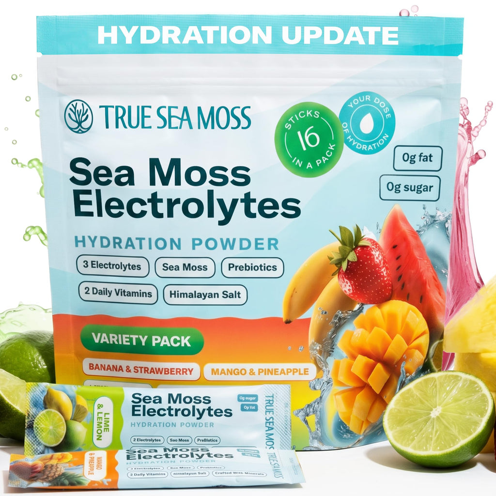 TrueSeaMoss Electrolytes Powder Packets – Made in USA – 16 Stickpacks – Hydration Powder with Sea Moss with Potassium – No Sugar Drinks – Variety Pack