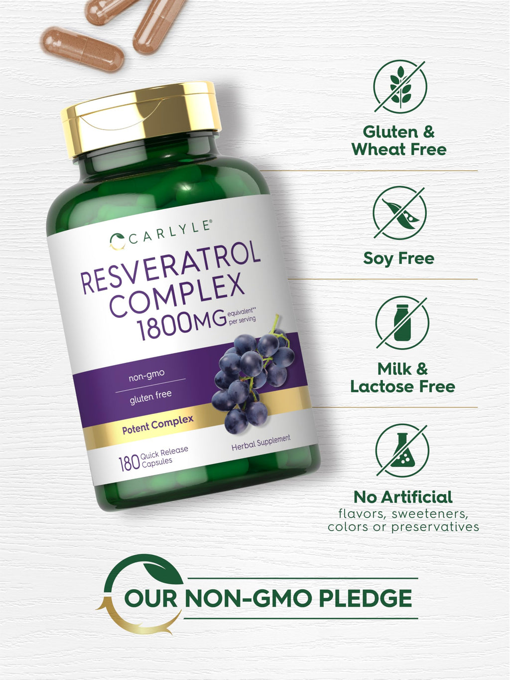 Carlyle Resveratrol Complex - 180 Capsules - Trans Resveratrol Supplement with Grape Seed Extract - Non GMO, Gluten Free