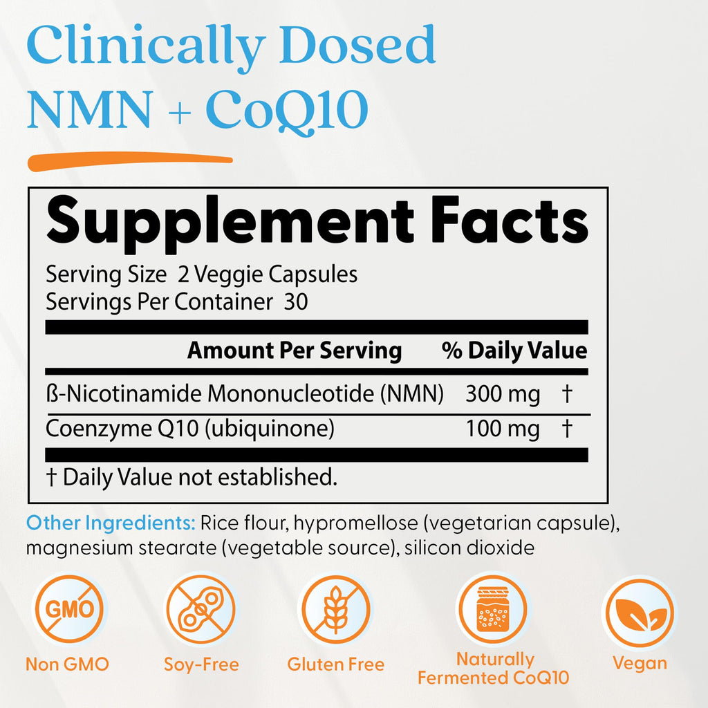Doctor's Best NMN + CoQ10 Supplement for Women & Men - Supports NAD+ Production & Cellular Energy, Beta Nicotinamide Mononucleotide 150 mg & Coenzyme Q10 50 mg per Capsule, Vegan, Non GMO- 60 Veg Caps Doctor's BEST Au supplements